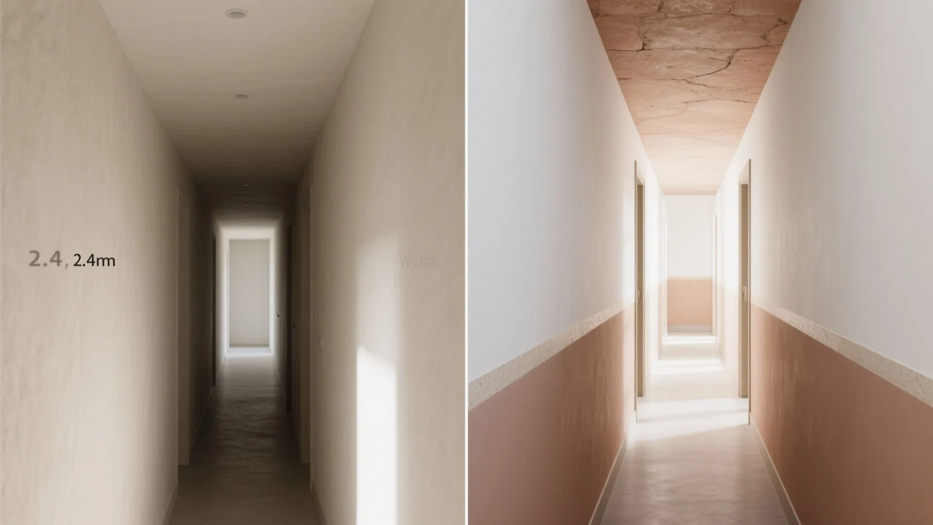 Before and after comparison of a dark narrow hallway updated with terracotta two tone wall paint