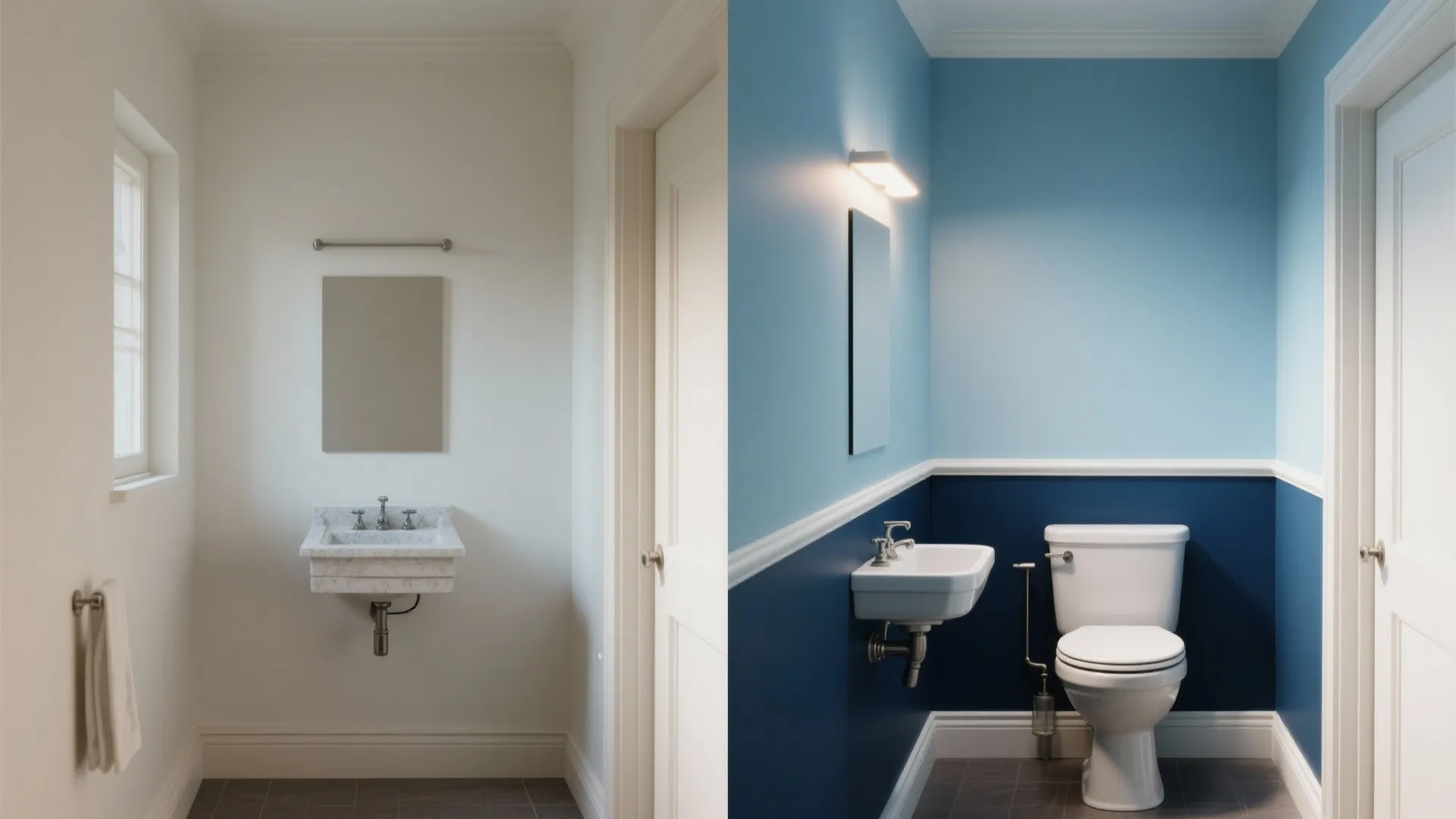 Before-and-after powder room showing two-tone walls with deep navy below and soft blue above and a crisp chair rail.