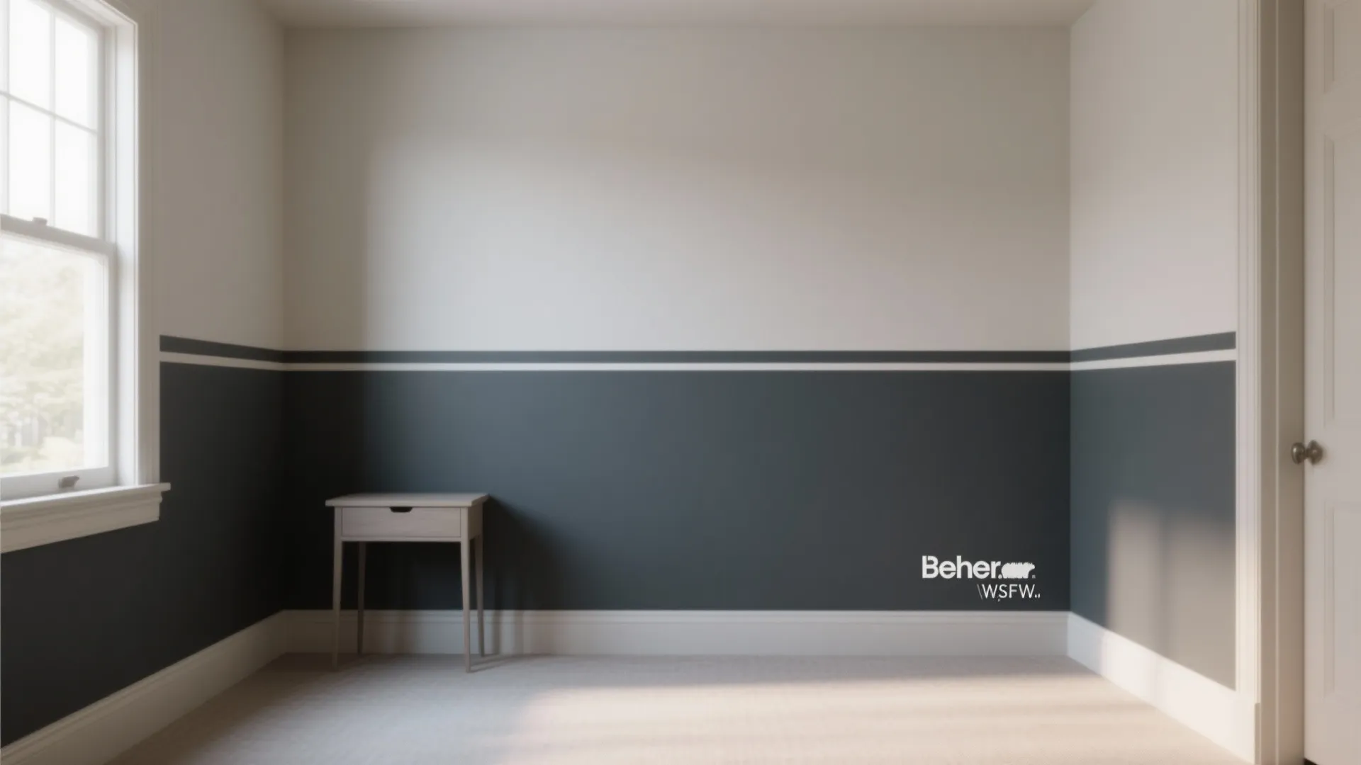 Compact room illustrating two-tone walls with a darker lower third and lighter upper two-thirds for added visual height.