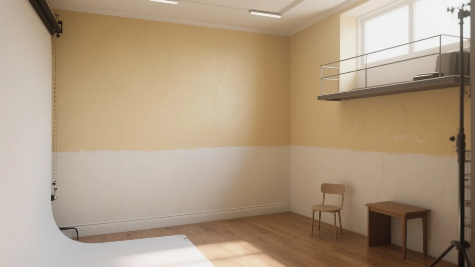 Photo studio interior with two tone yellow and white walls wooden floor chair and desk