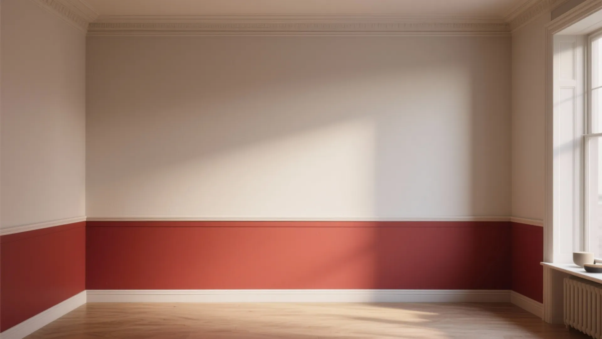 Empty room with white and red wall panel, wooden floor, and natural light from window