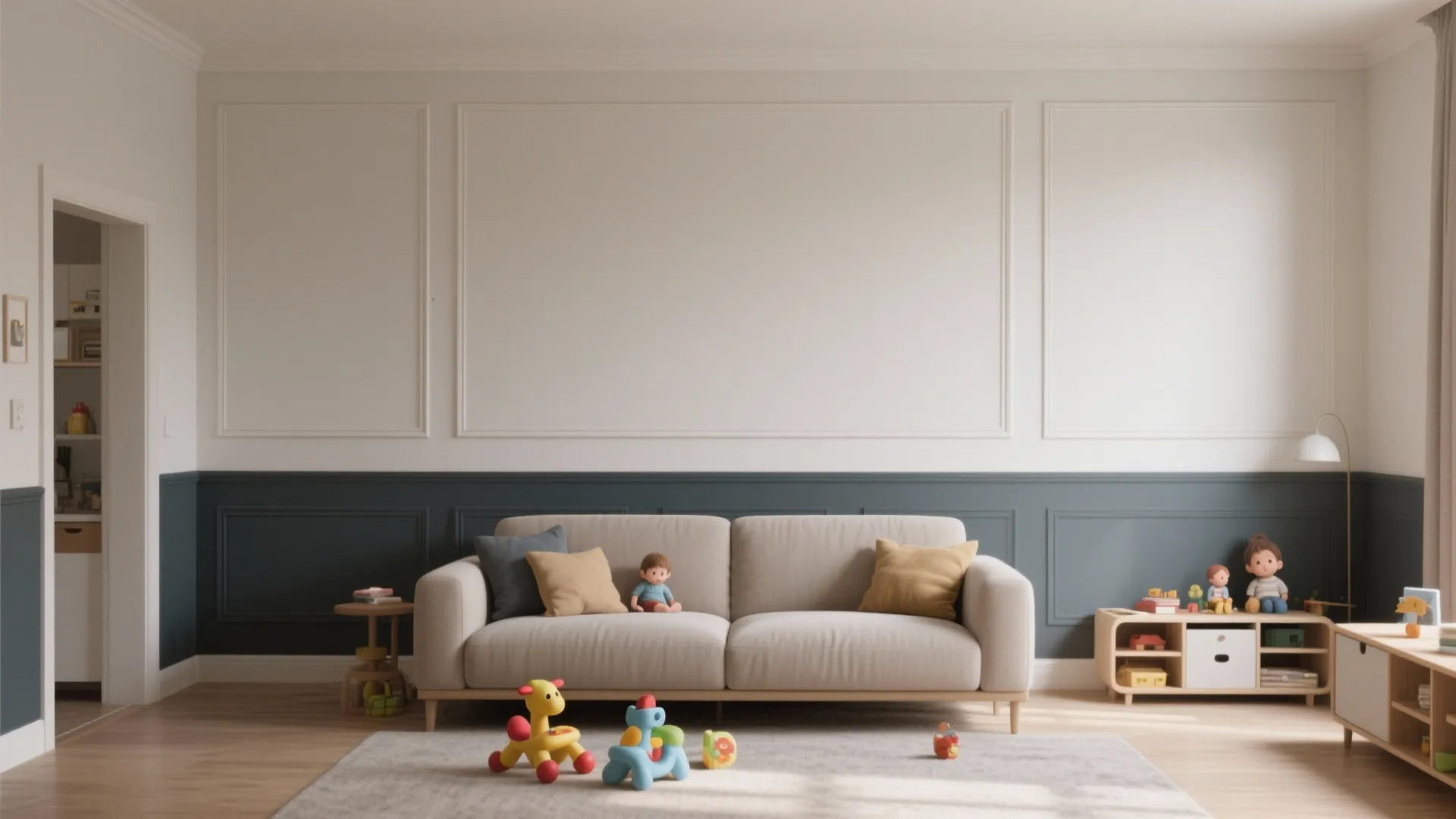 Living room showcasing two-tone wall division with a darker washable lower third and lighter upper walls separated by a thin molding rail