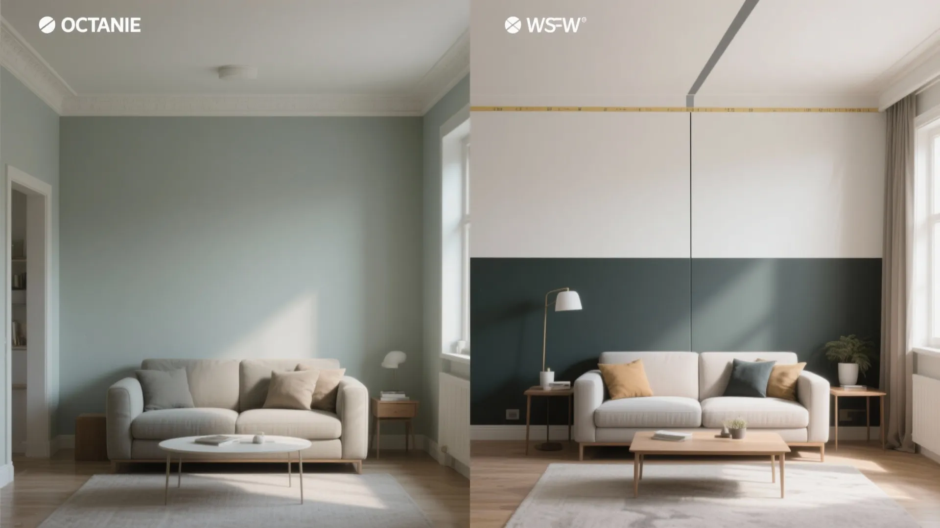 Before-and-after split image showing how a darker lower wall and lighter upper wall visually raise the ceiling in a small room.