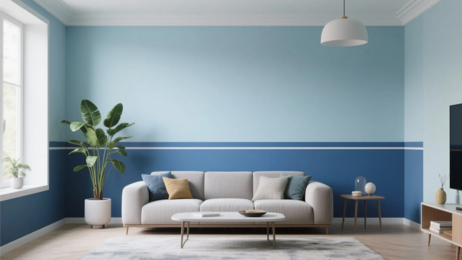 Modern living room with two tone blue walls white sofa coffee table green plant light