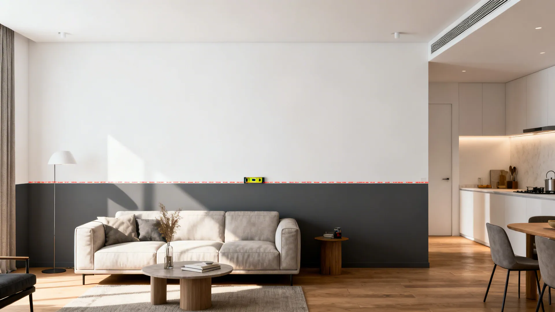 Low-ceiling living room with lower third dark gray and upper two-thirds white creating perceived height.