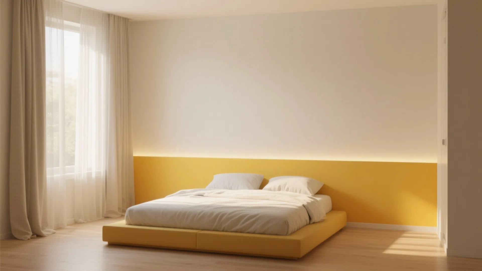 Modern bedroom with a yellow bed frame against a white and yellow wall panel design