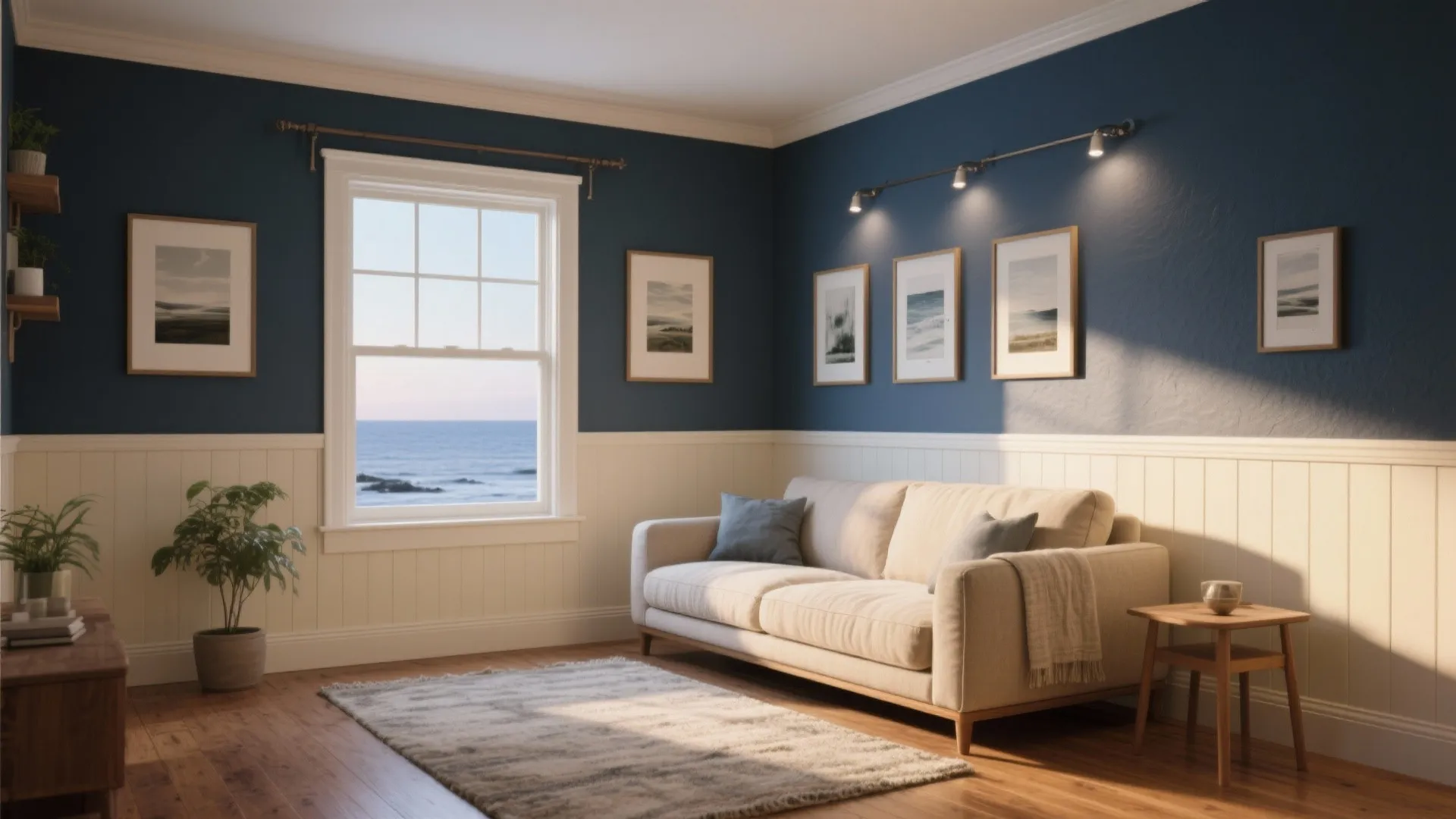 Modern living room with blue walls white wall panels cream sofa wood floor and sea view