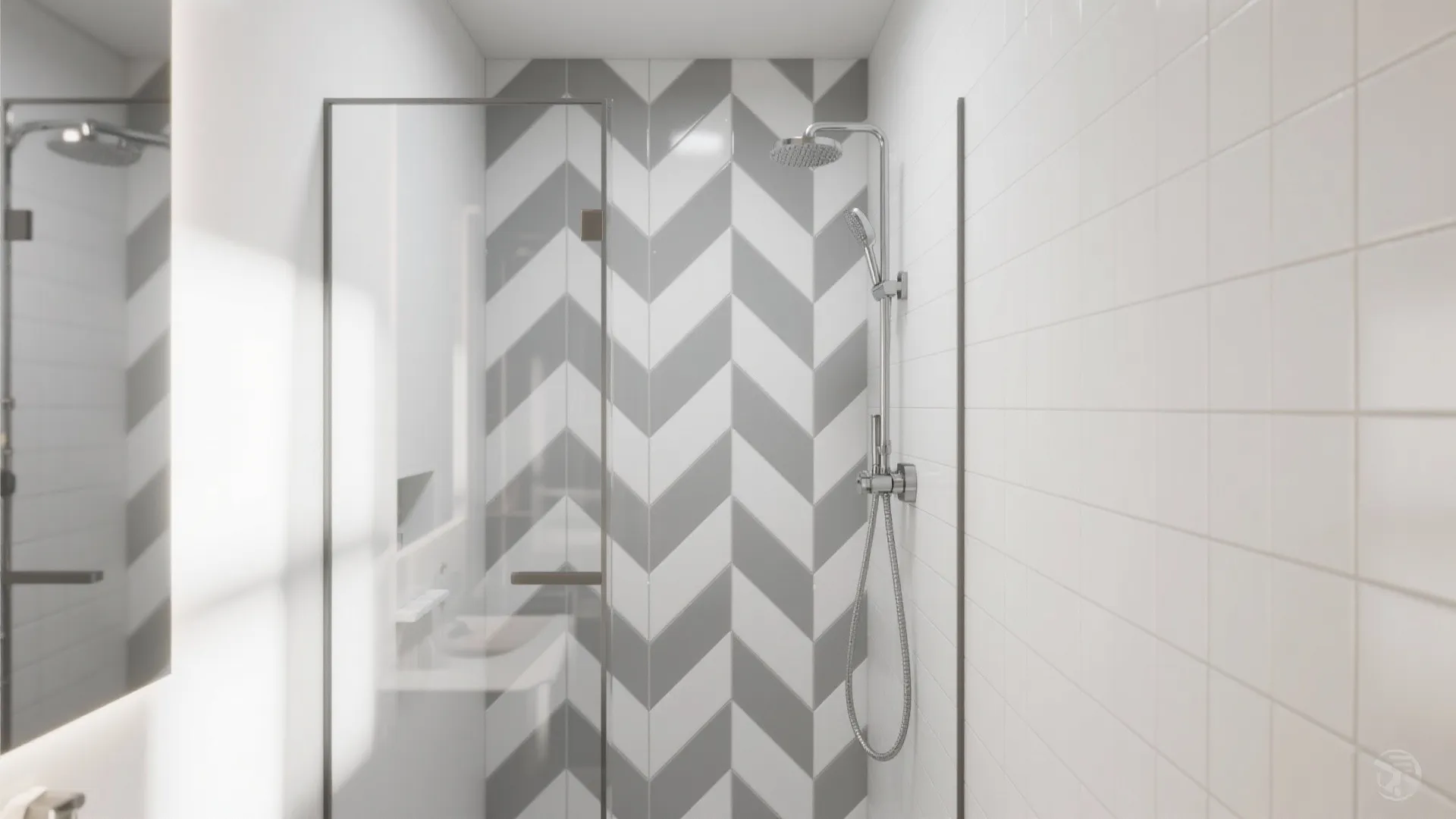 Modern shower with grey and white chevron wall tiles glass door and a chrome head
