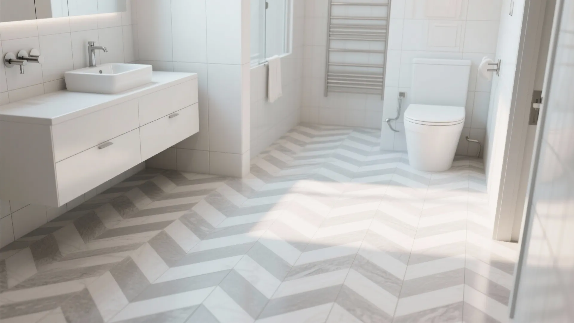 White modern bathroom featuring white cabinet sink plus grey and white herringbone patterned floor tiles