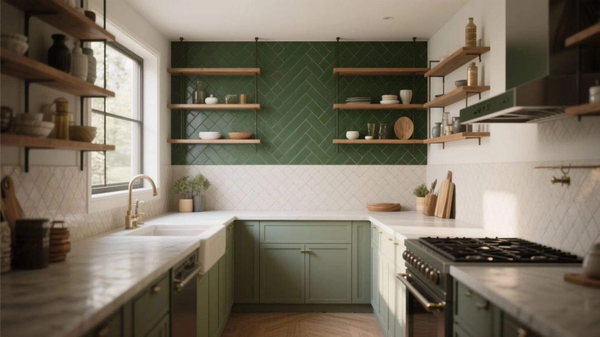 Green kitchen cabinets with white countertops plus green herringbone wall tiles and wooden floating storage