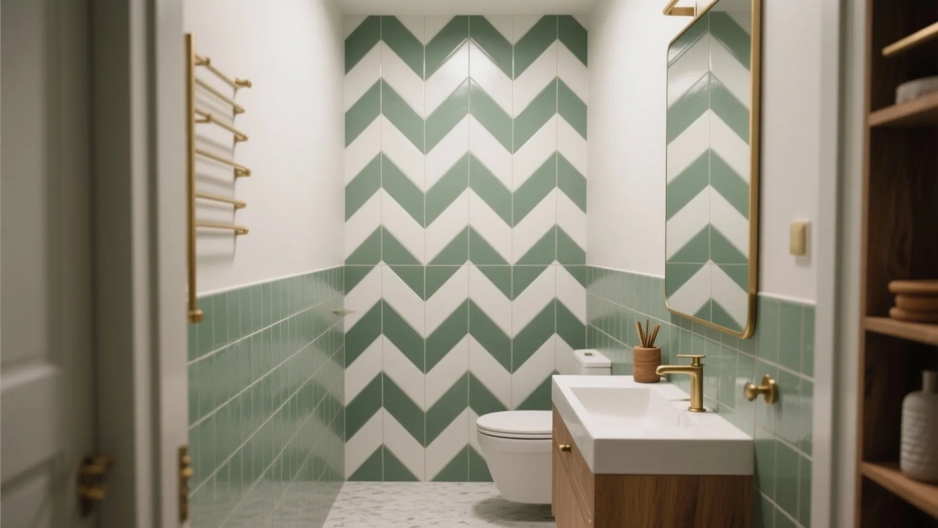 Modern bathroom with green and white wall tiles plus wooden cabinet and gold sink tap