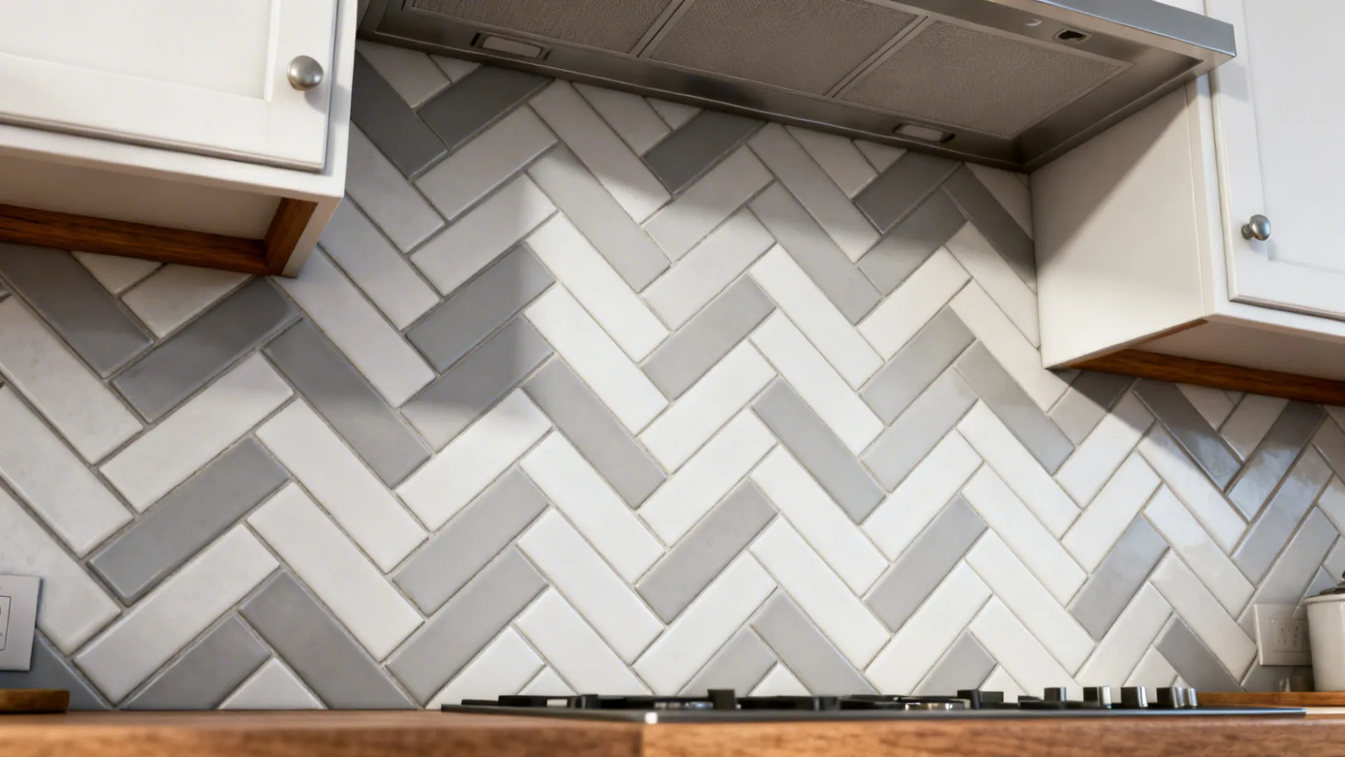 Two-tone grey and white herringbone backsplash adding tailored movement to a small kitchen.