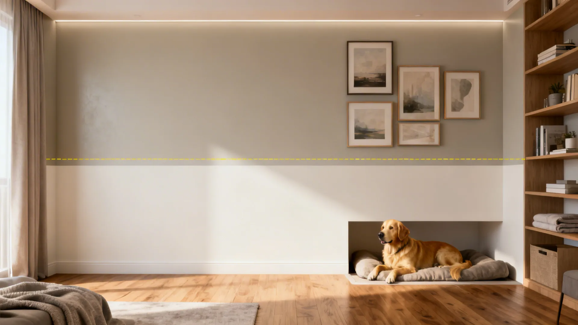 Living room with warm greige below and off-white above, featuring a crisp horizon line for balanced proportions.
