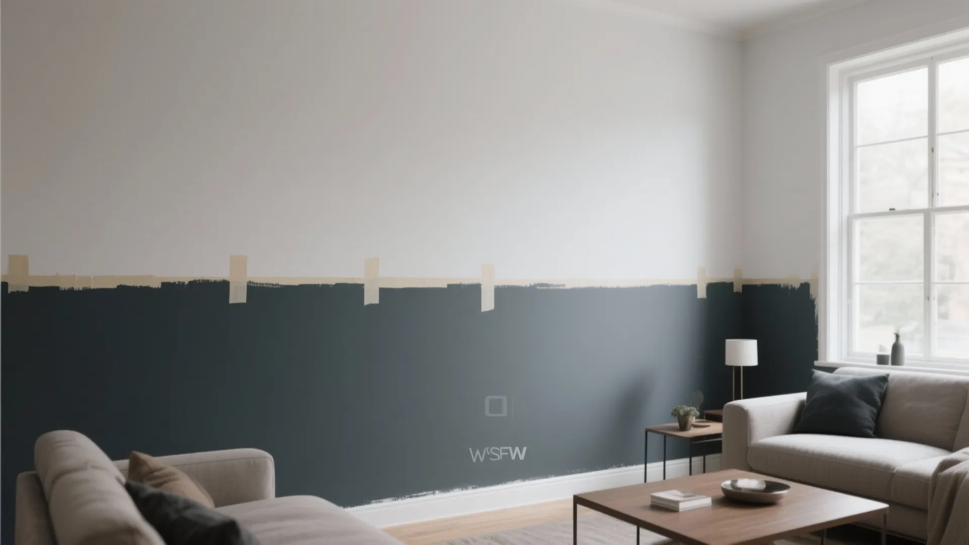 Modern living room with dark grey and white wall paint separated by beige masking tape