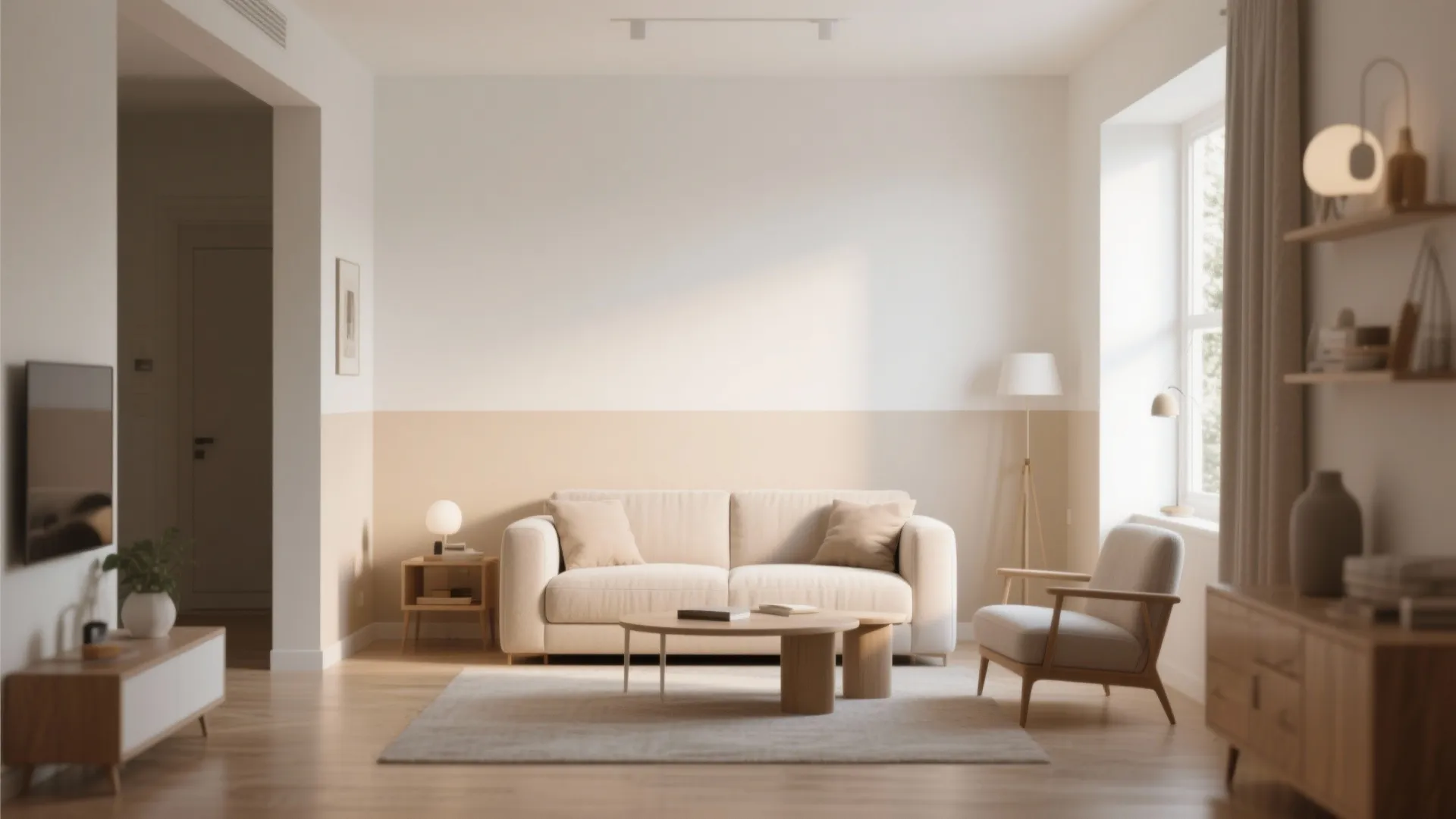 Modern living room featuring a two-tone wall with beige sofa wood coffee table and armchair