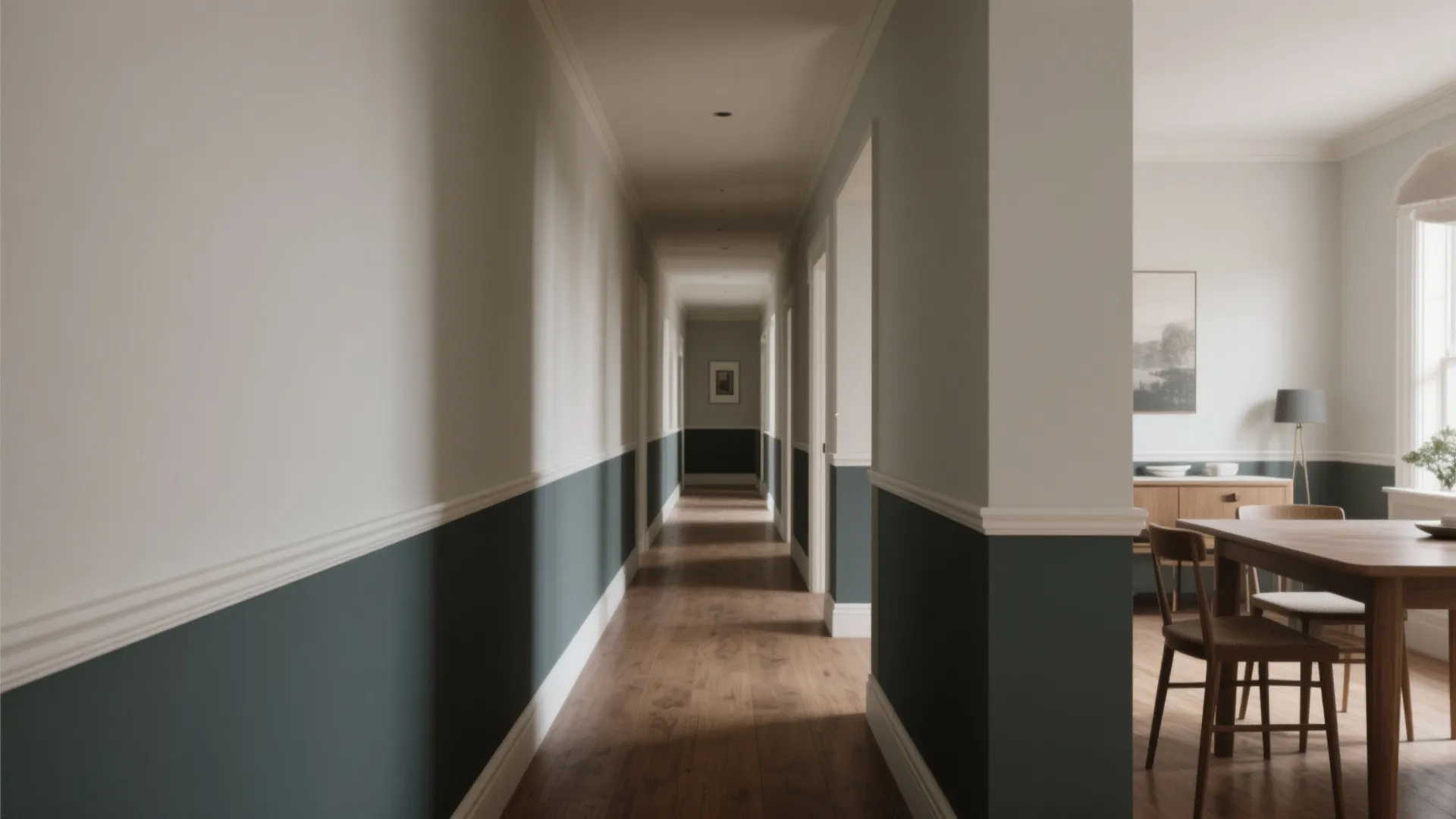 Hallway with lower third and trim in a darker color and a lighter upper wall, creating layered height and intentional proportions.