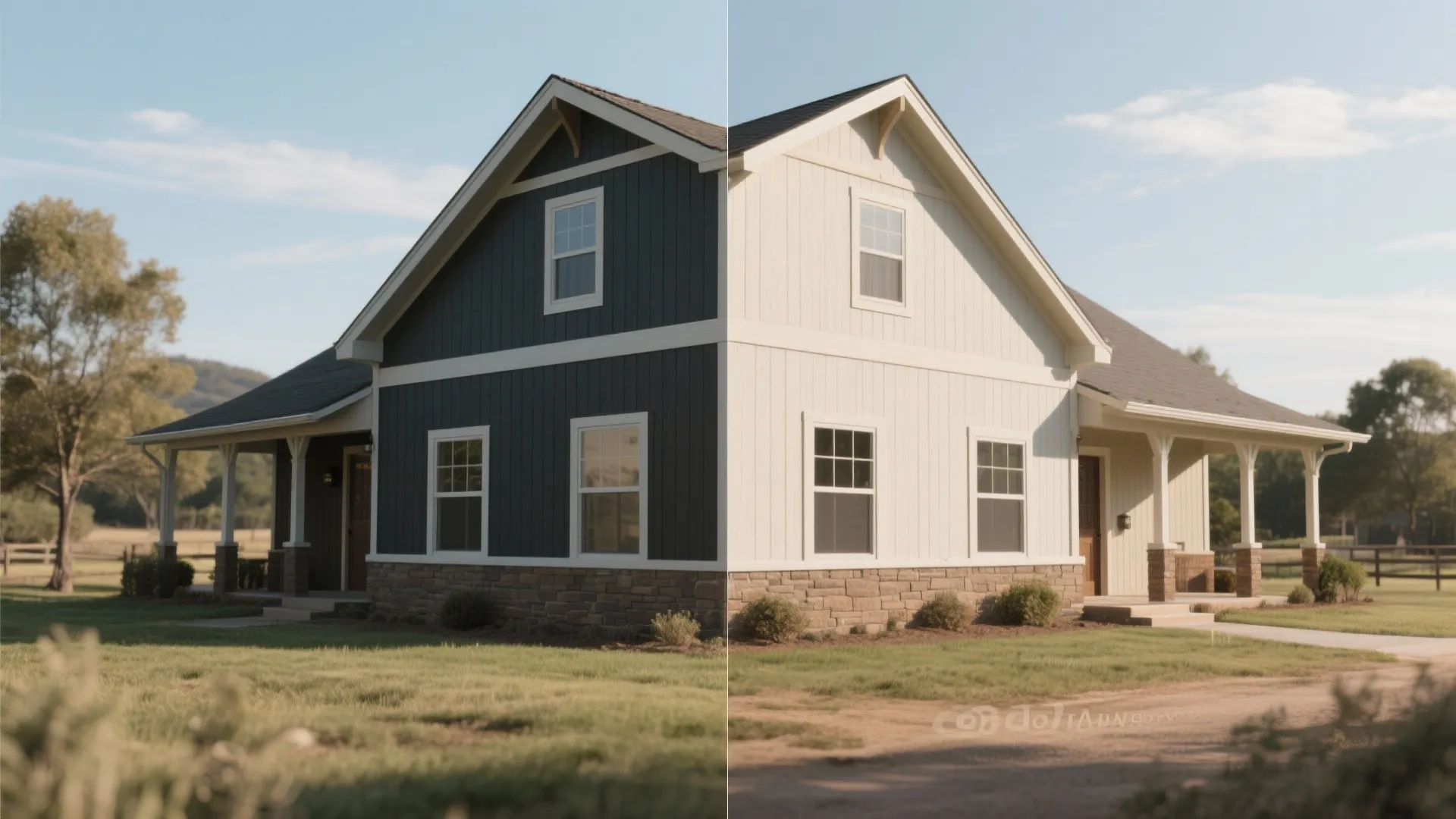 Side by side comparison of a house exterior with dark blue and white wall colors