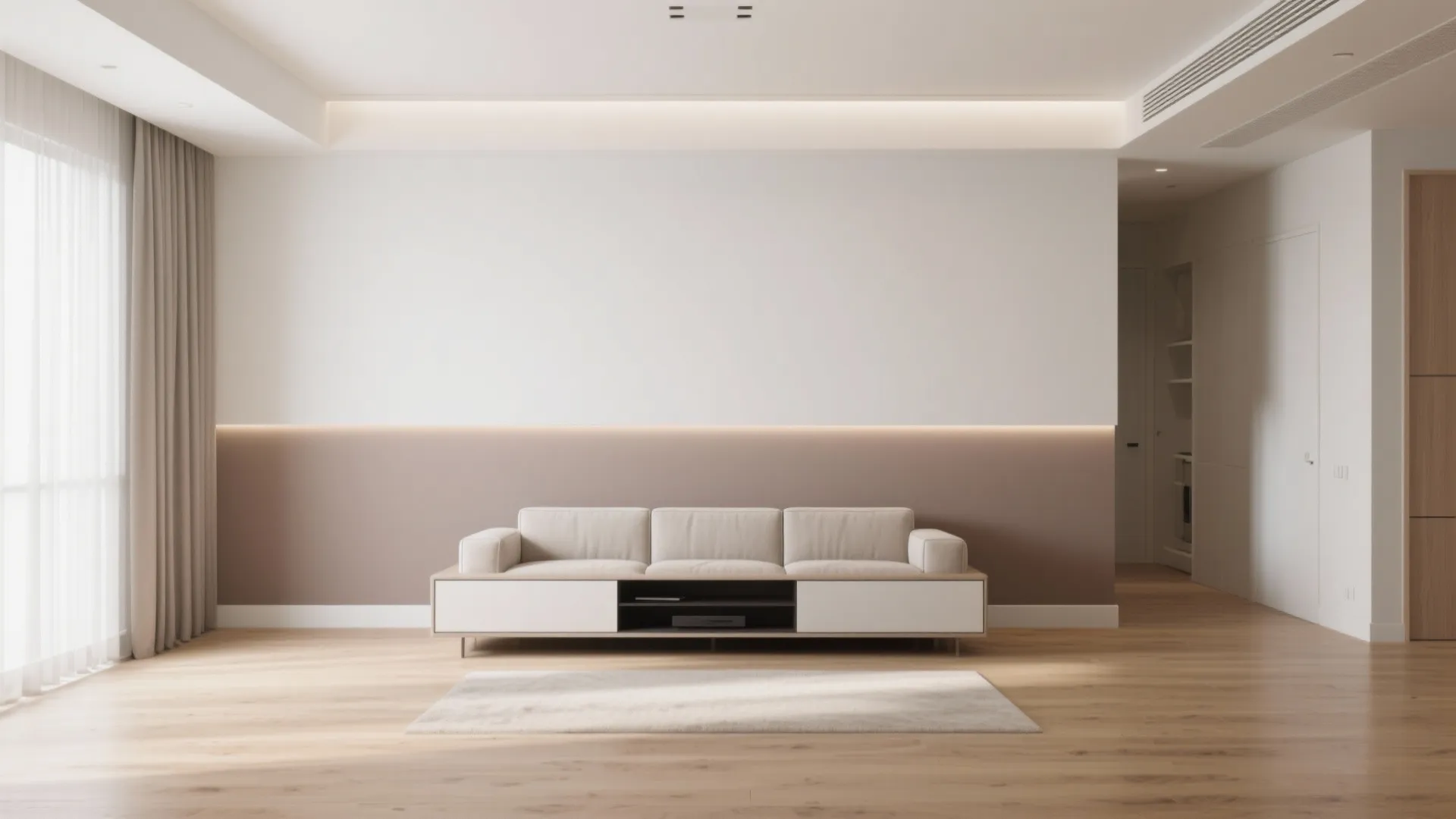 Modern living room with two tone wall painting white and brown colors behind cream sofa
