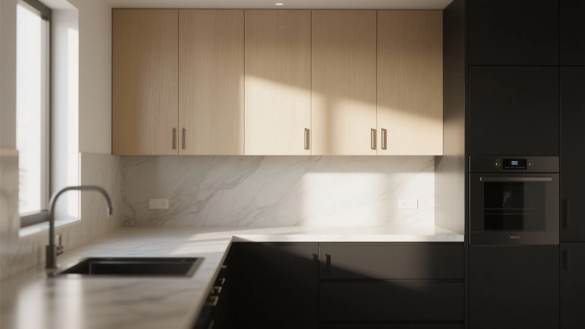 Galley kitchen showing beige upper cabinets and matte black lower cabinets in a horizontal split