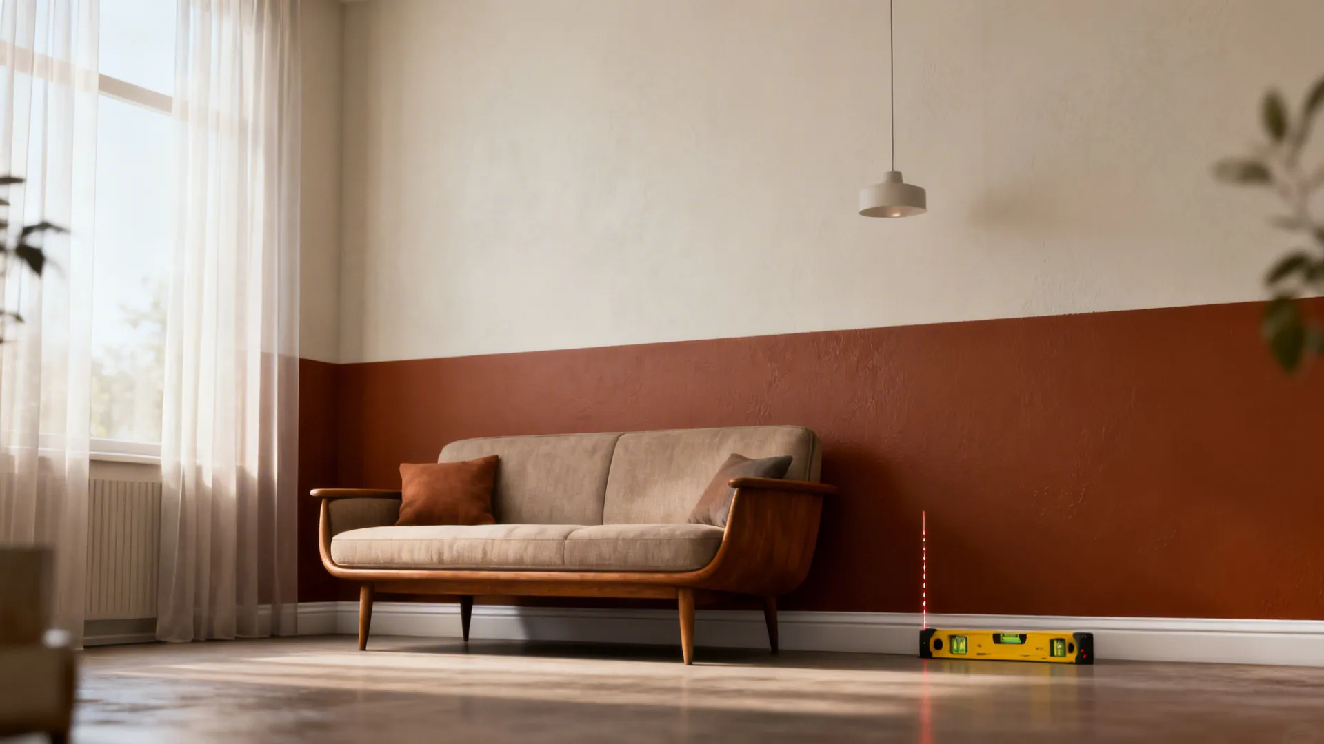 Small living room with a darker bottom third and lighter upper walls, mid-century sofa