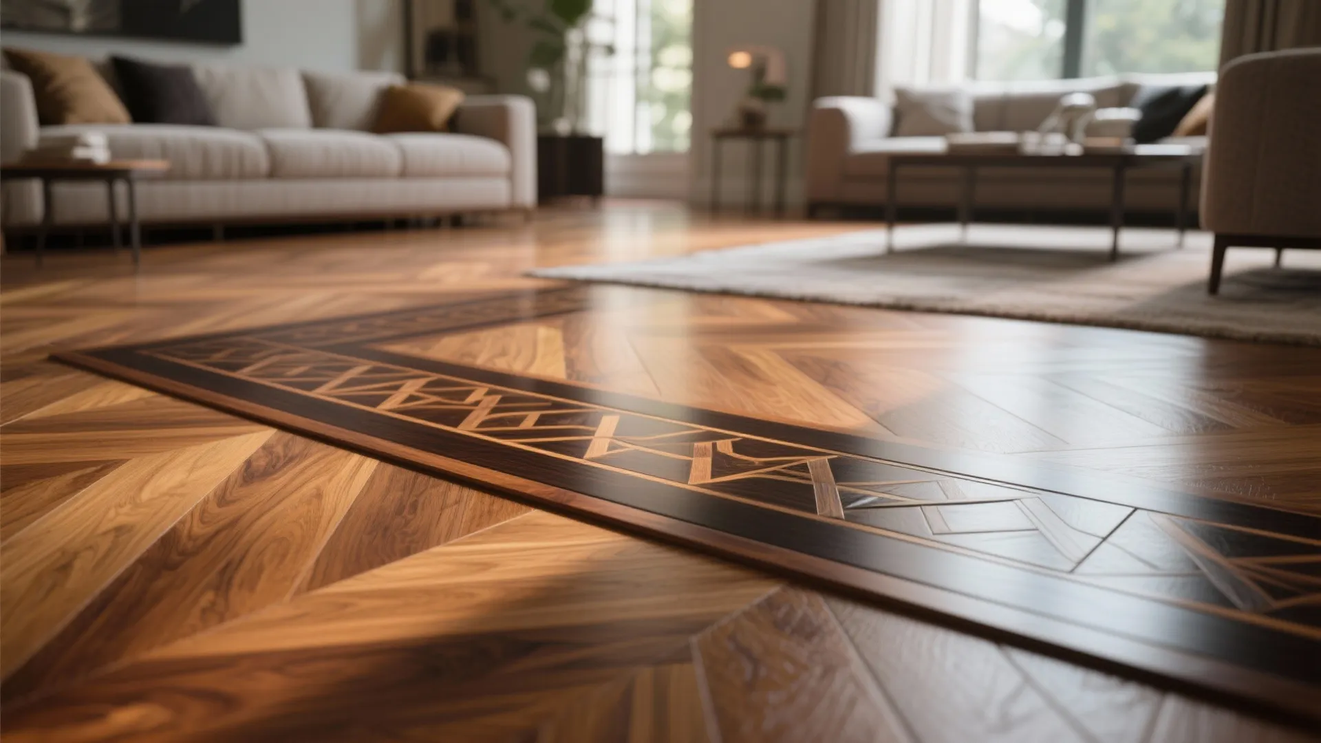 Close-up of two-tone inlaid hardwood flooring in living room