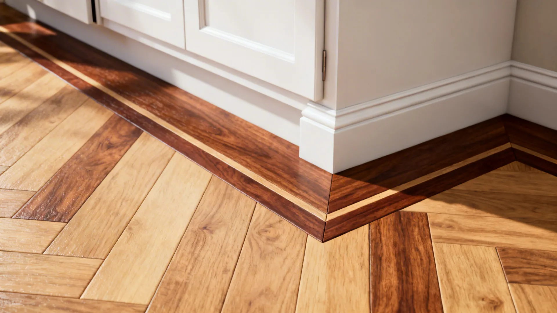 Two-tone wood flooring with walnut border beside white cabinets, close-up detail