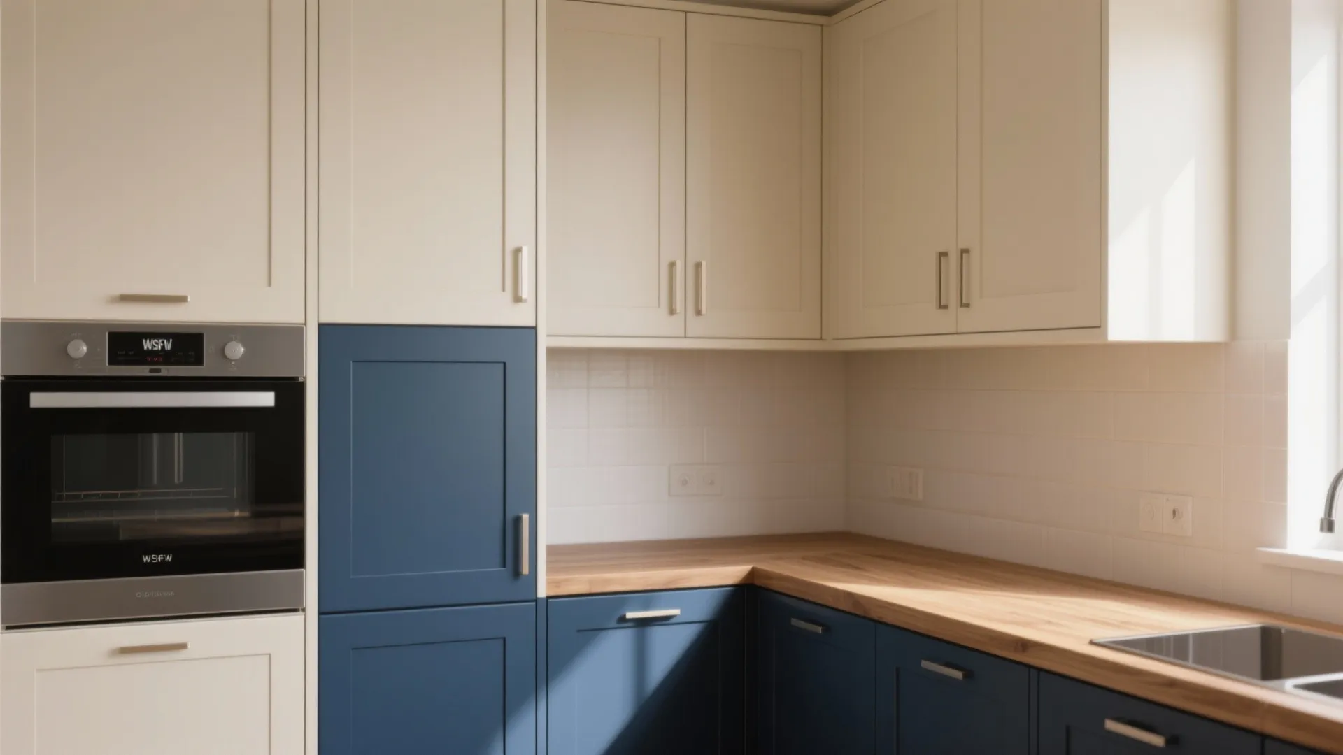 Two-tone kitchen cabinets in cream and blue with a wood countertop and white tiled backsplash