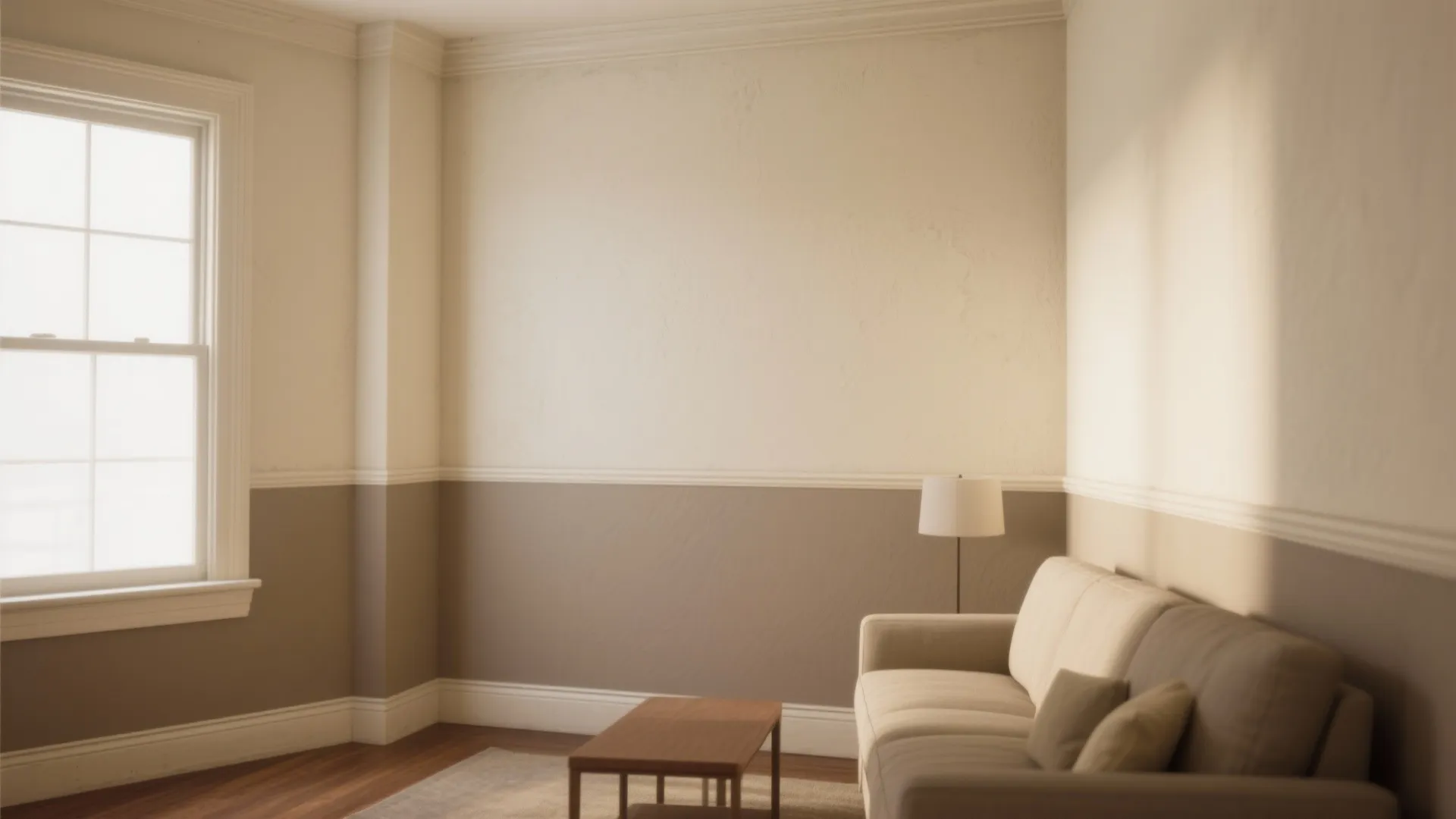 Living room with two-tone walls white sofa coffee table and lamp near a large window