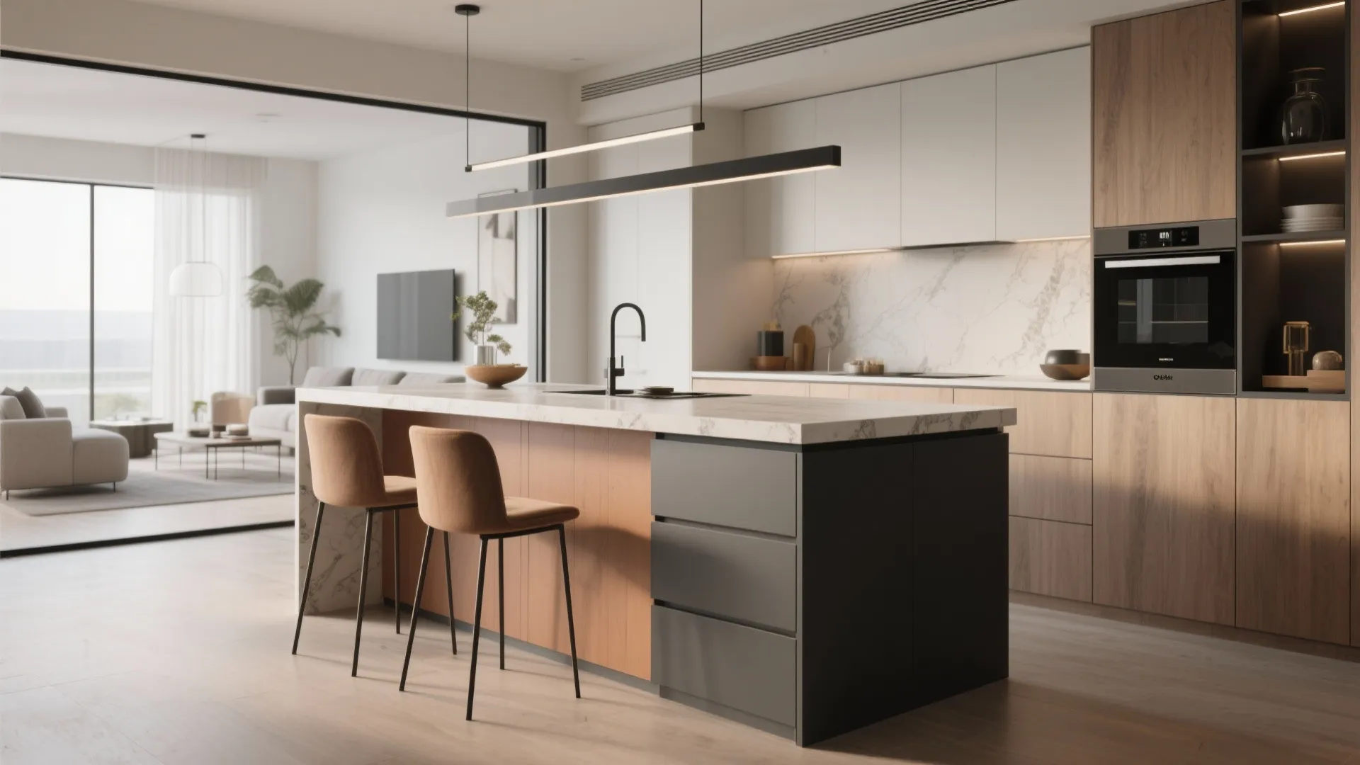 Modern kitchen with wood cabinets marble backsplash black island bar stools and long ceiling light
