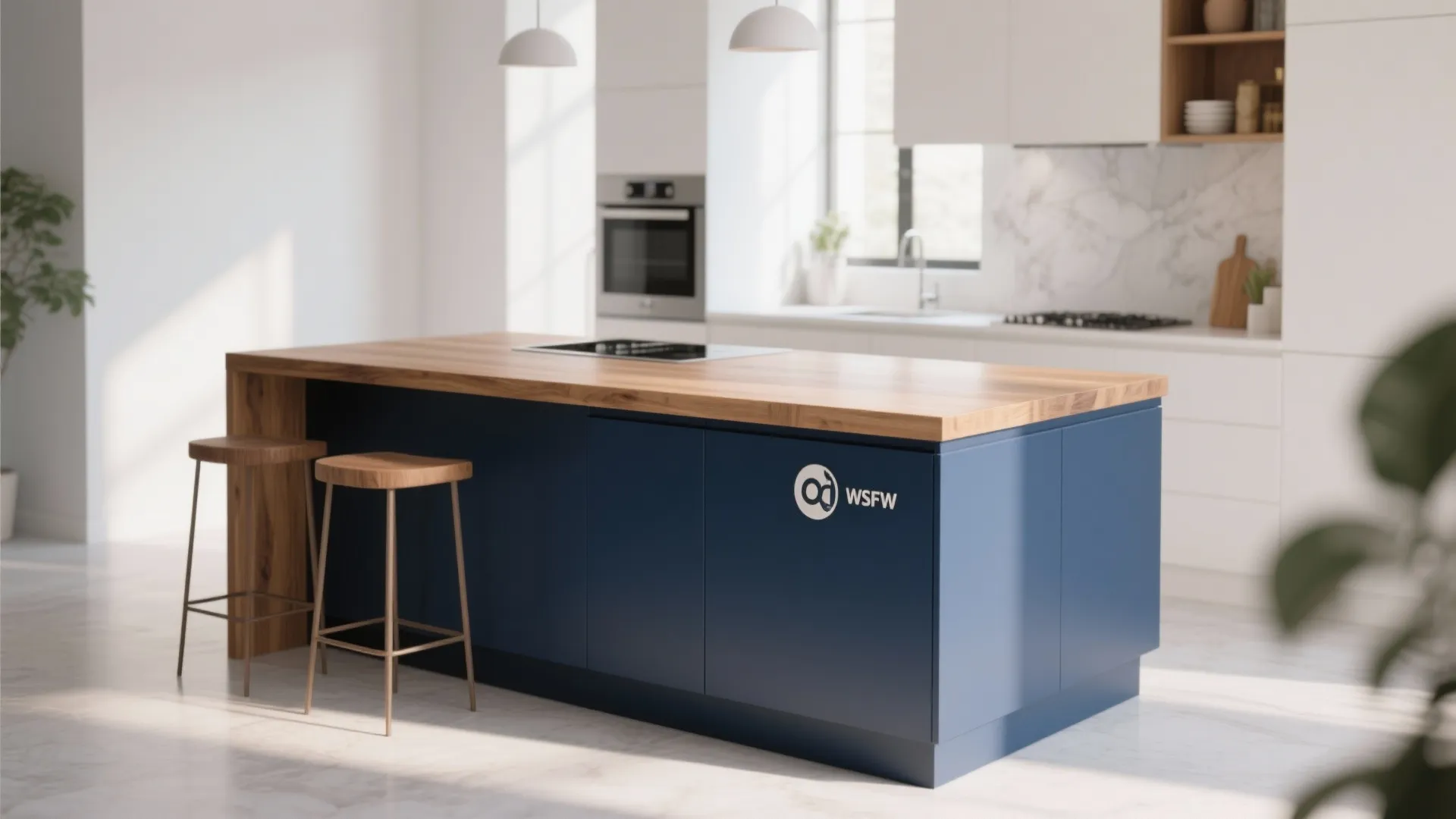 Modern blue kitchen island with wood countertop two stools white cabinets and white ceiling lights