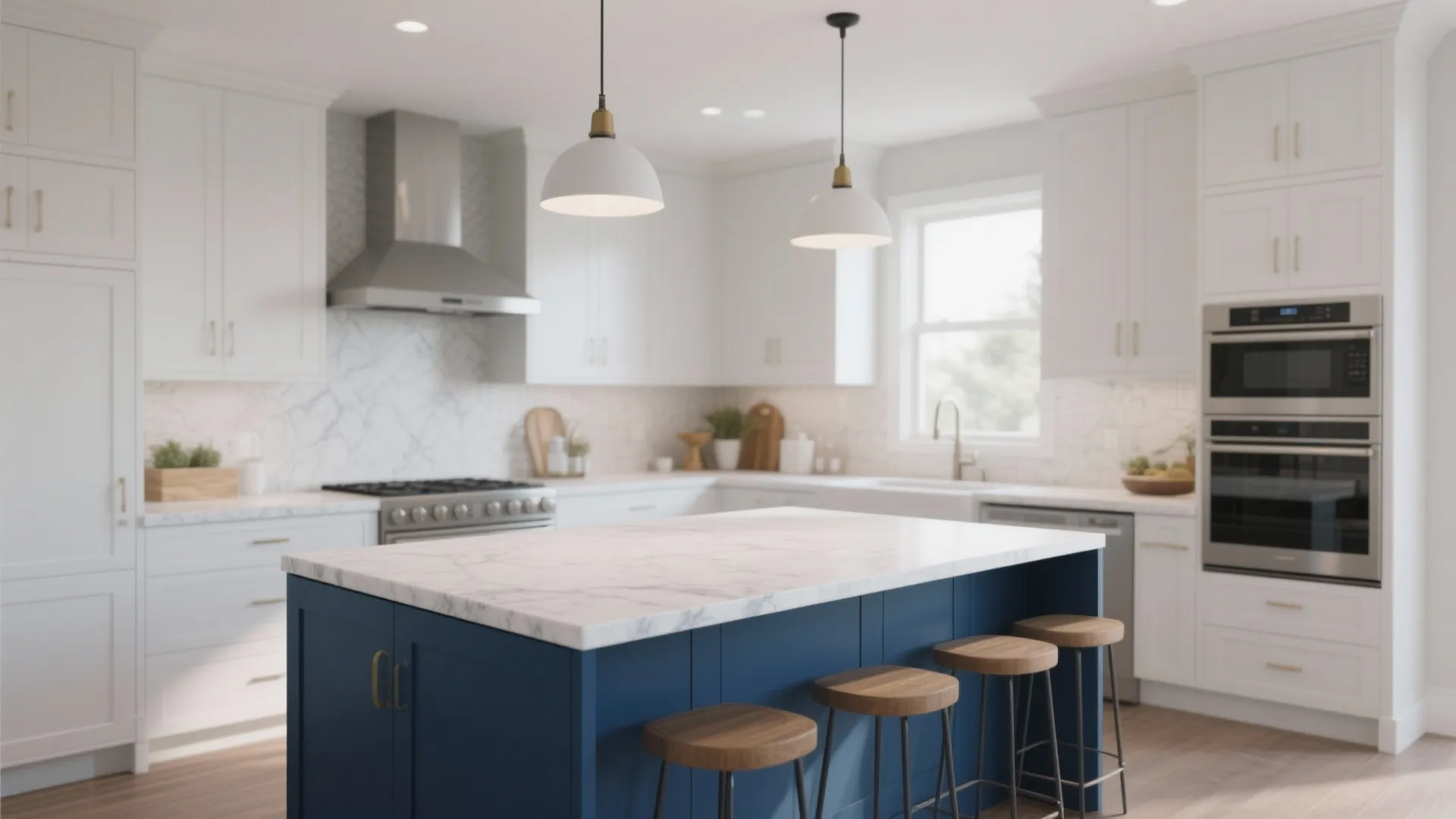 Modern kitchen with blue island marble countertop white cabinets three wooden stools and two ceiling lights