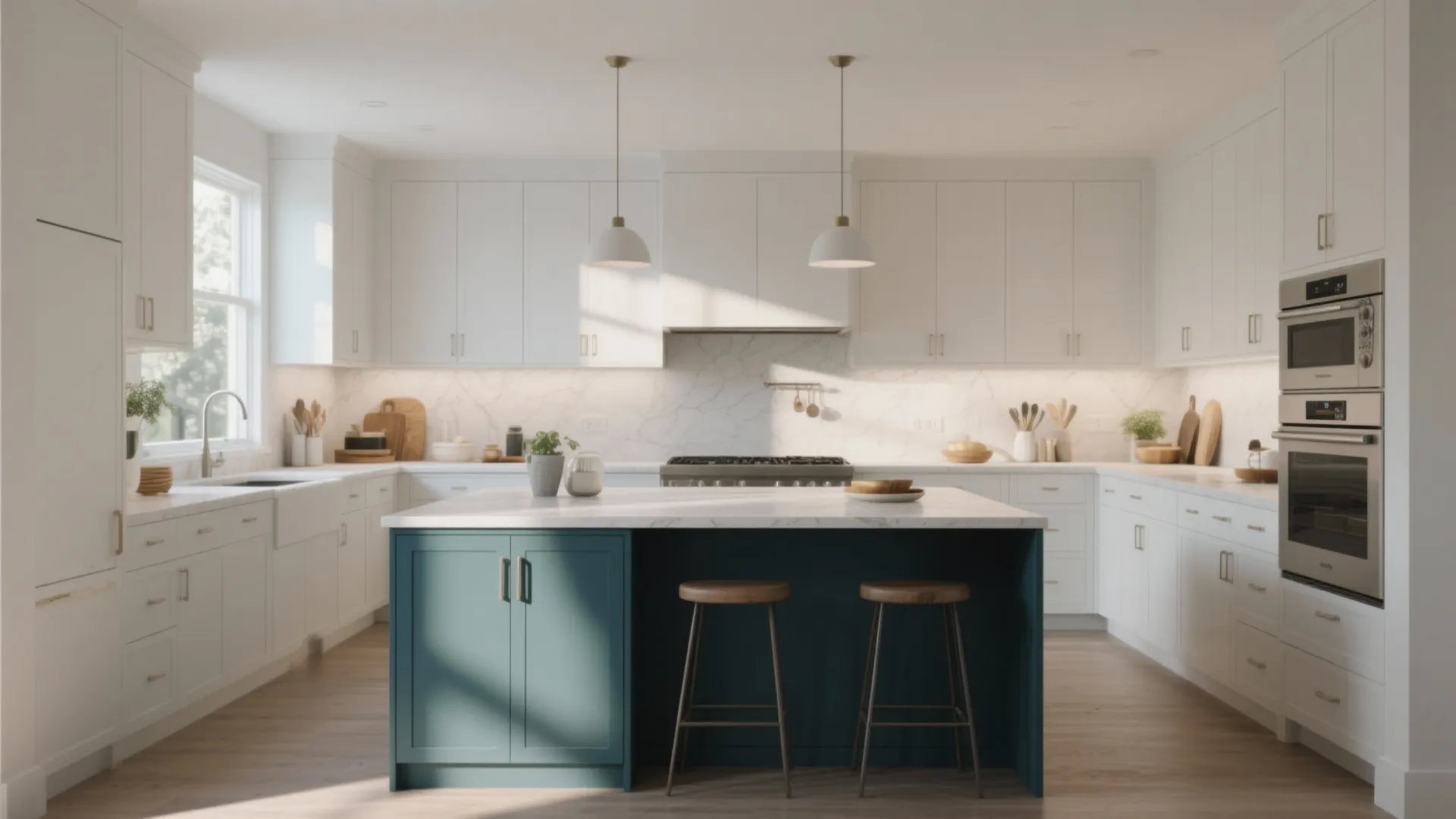 2. Two-Tone: Soft White Perimeter + Colored Island