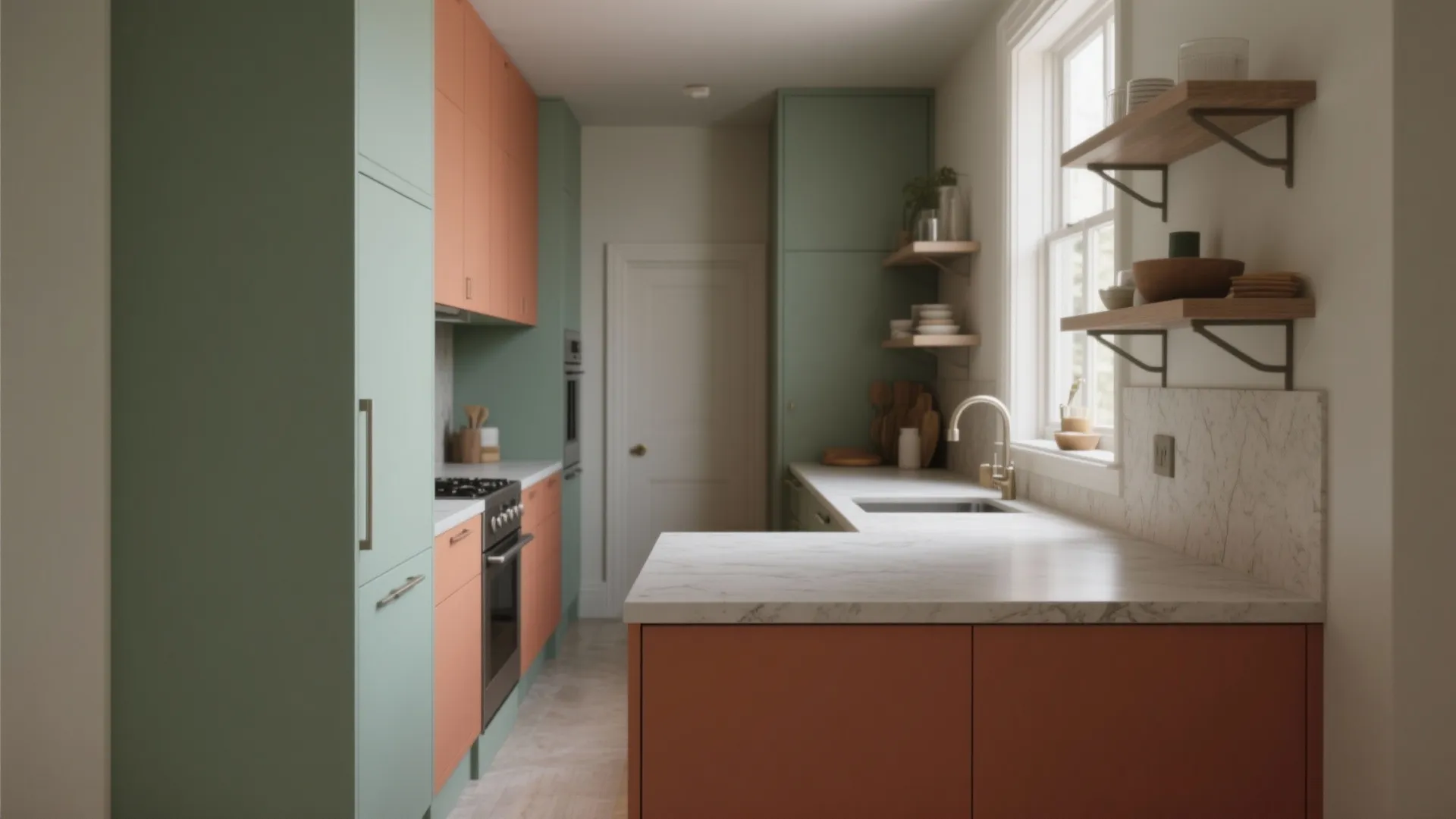 Two tone kitchen design with green and orange cabinets marble countertops and open wooden shelves
