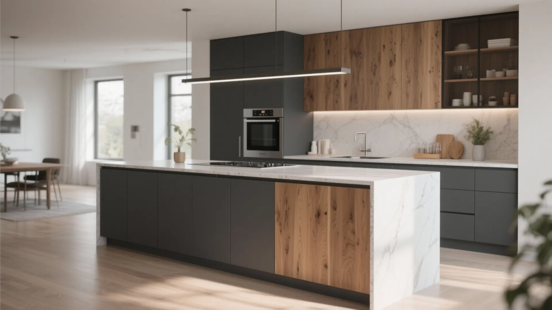 Modern kitchen with wood and gray cabinets white marble island ceiling light and wood floor design