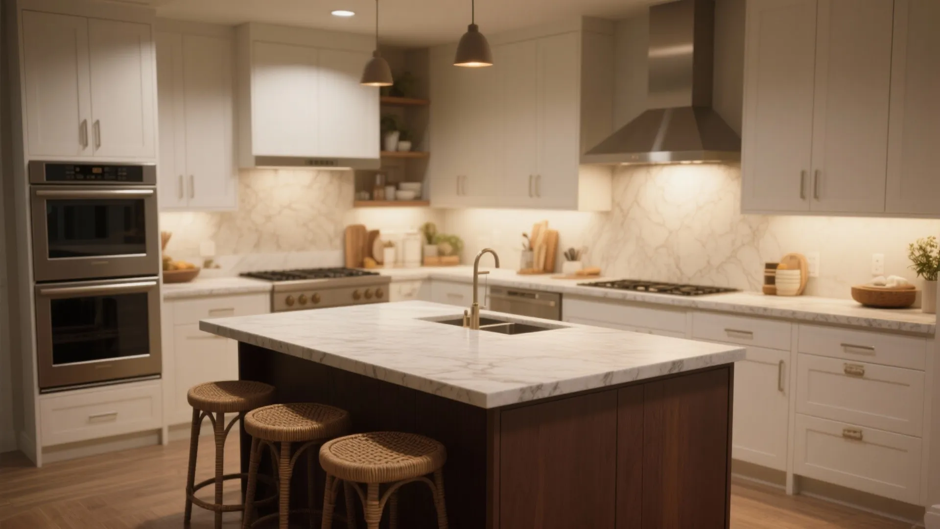 4. Two-tone island: darker brown countertop on the island, lighter counters elsewhere