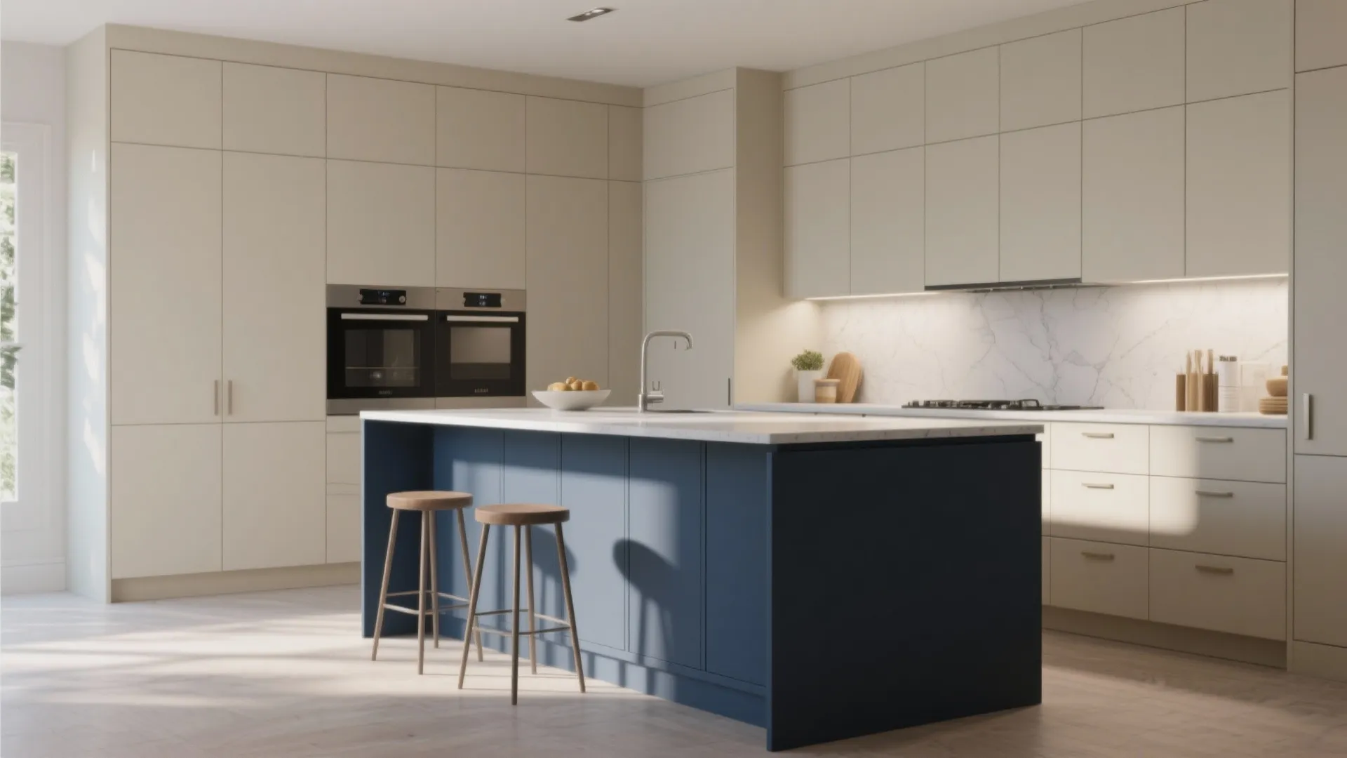Modern kitchen with blue island and wooden stools plus white cabinets with built in ovens