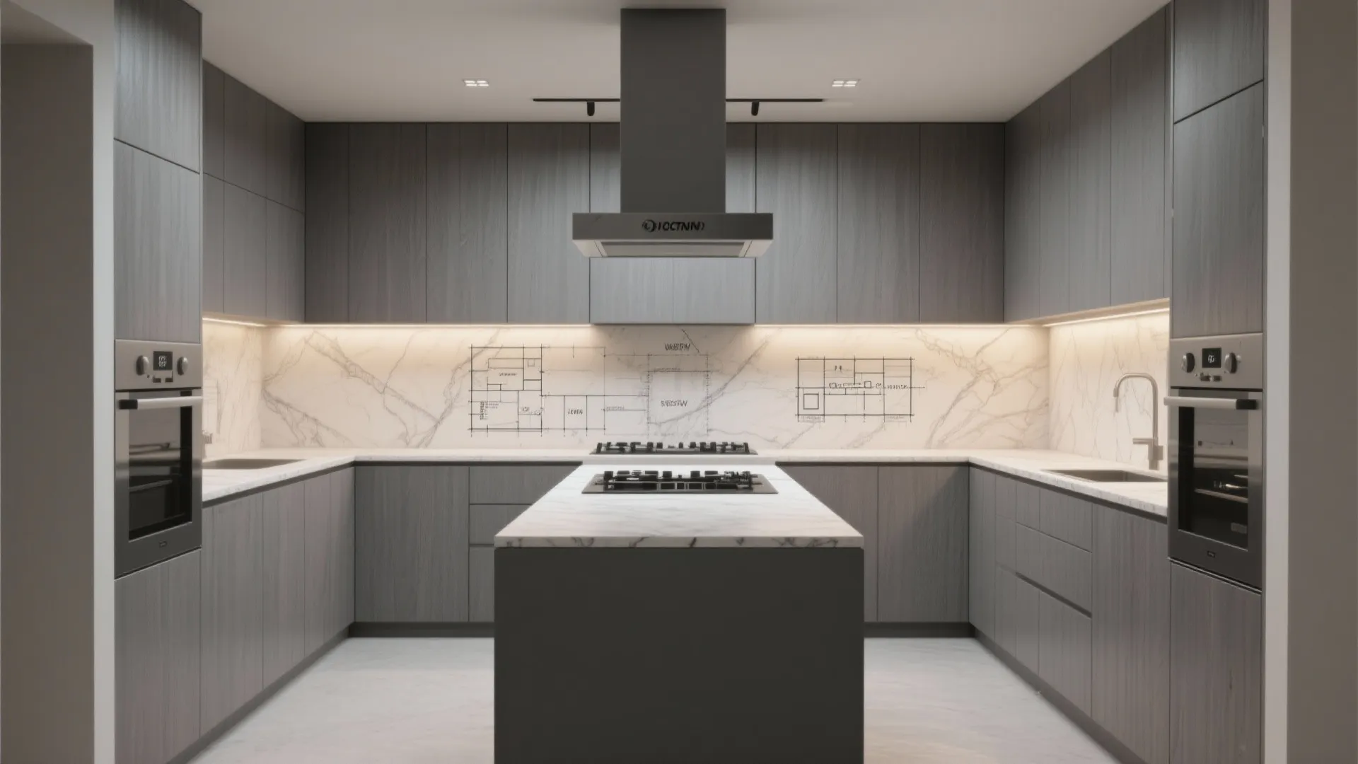 Modern grey kitchen with marble backsplash and central island featuring built-in ovens and exhaust hood