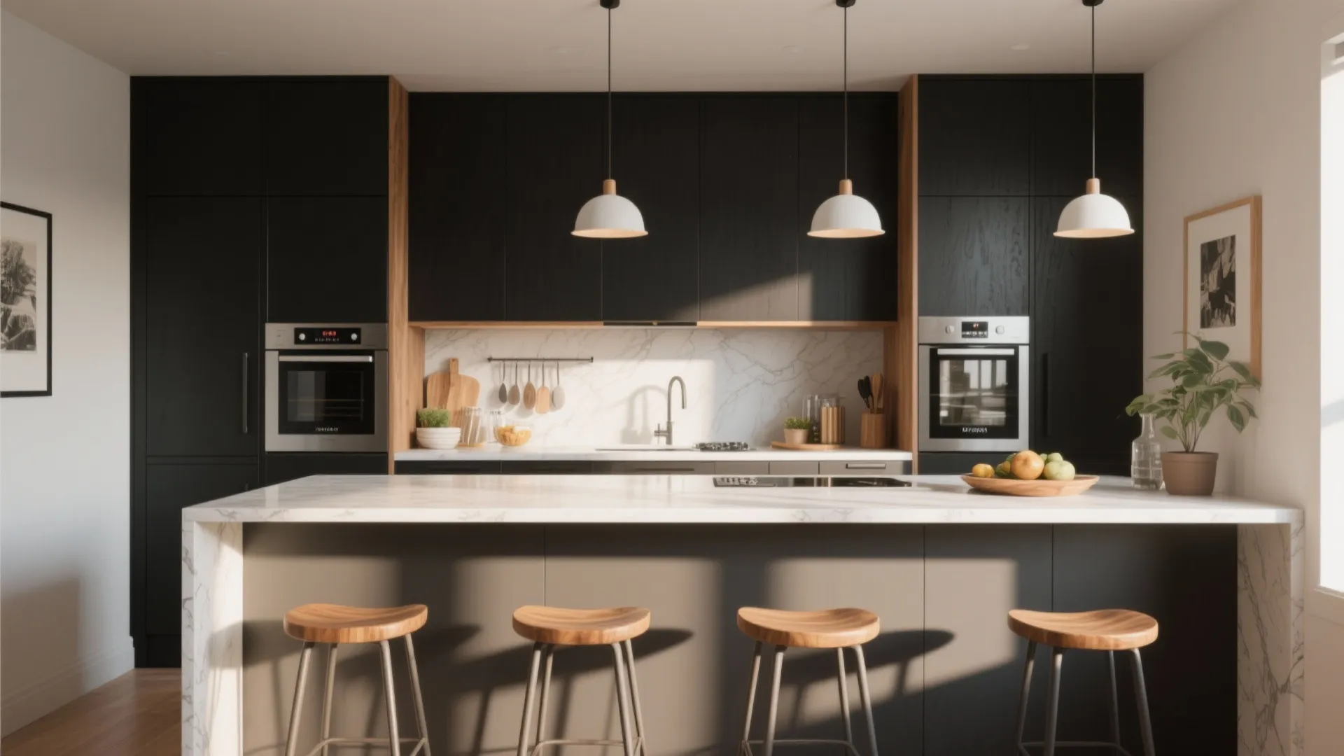Contemporary kitchen featuring white marble island four wooden stools white ceiling lights and black wall cabinets