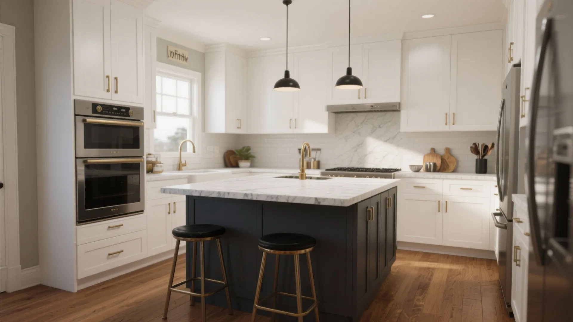 4. Two-tone approach: white uppers + darker quartz island