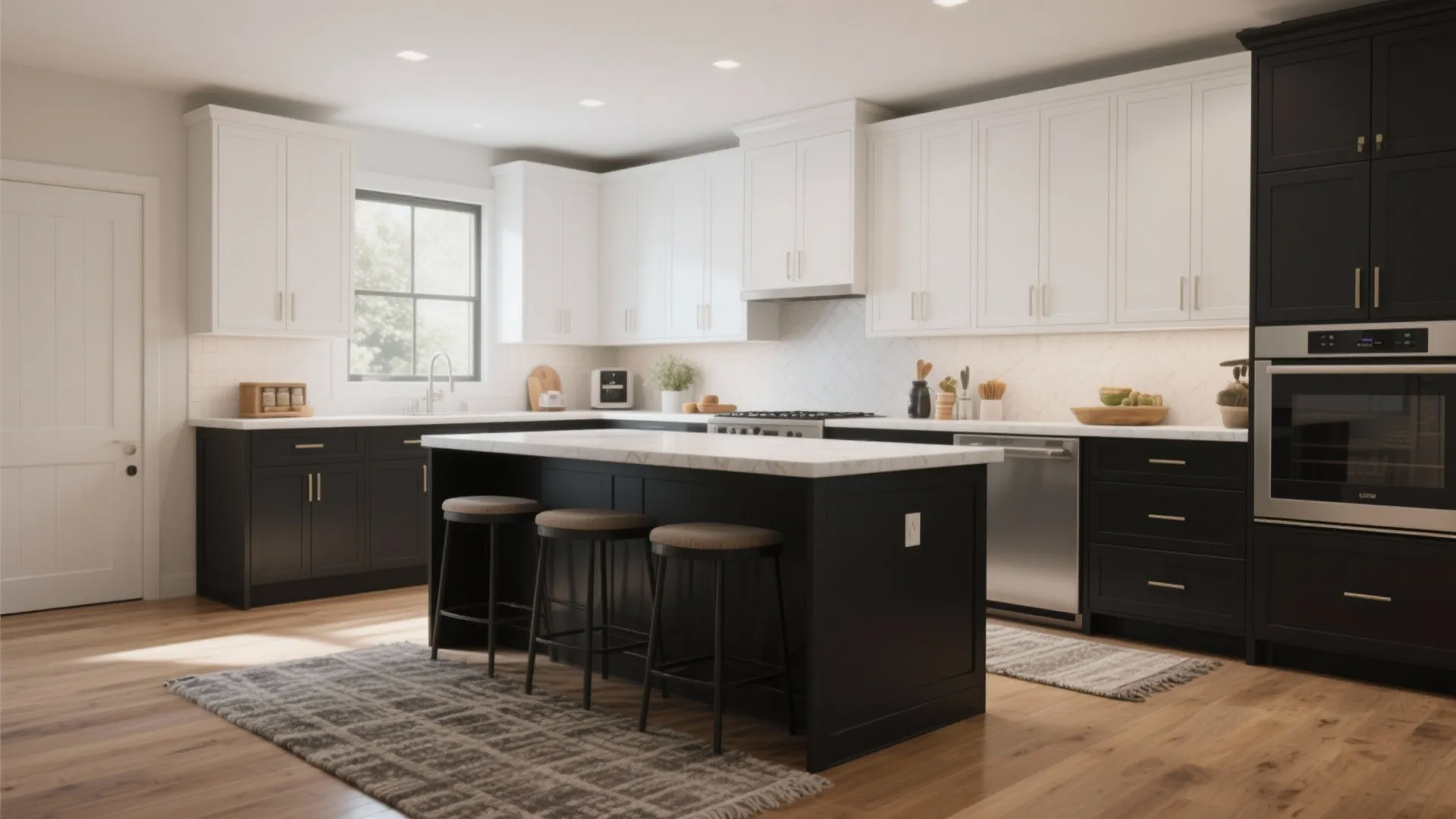 Modern kitchen with white upper cabinets black base cabinets large kitchen island and wood floor area