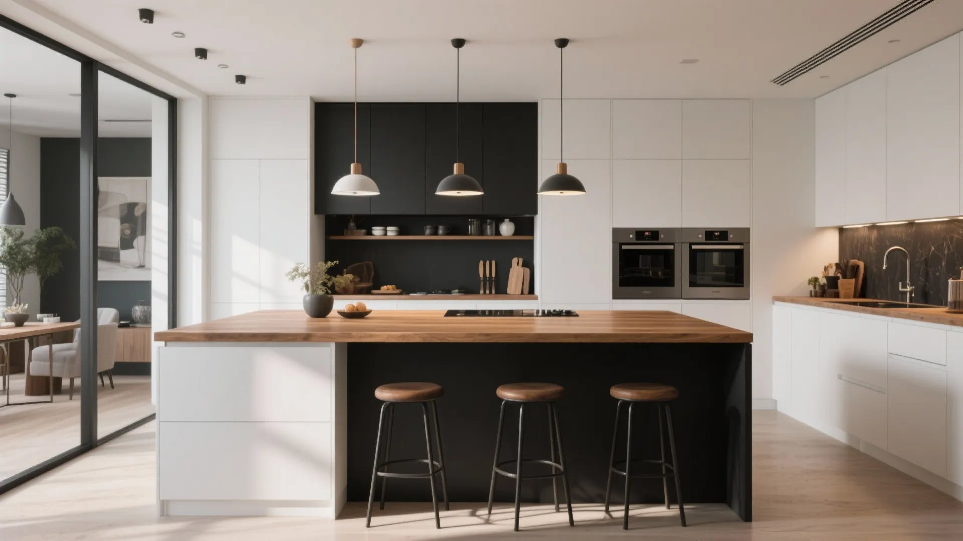 Open-plan kitchen with a black island and white perimeter cabinets, warm wood countertop and pendant lights.