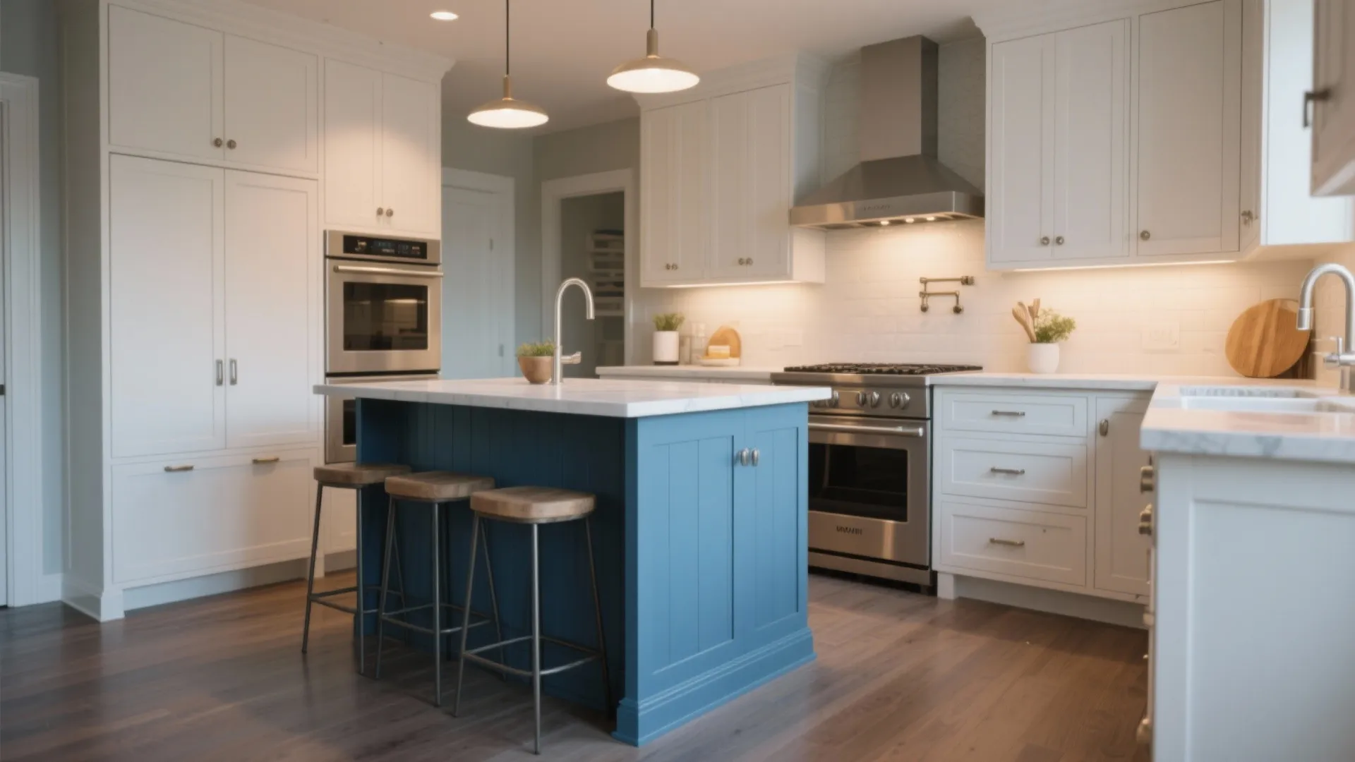 Compact kitchen with blue island and white perimeter shaker cabinets, matching hardware