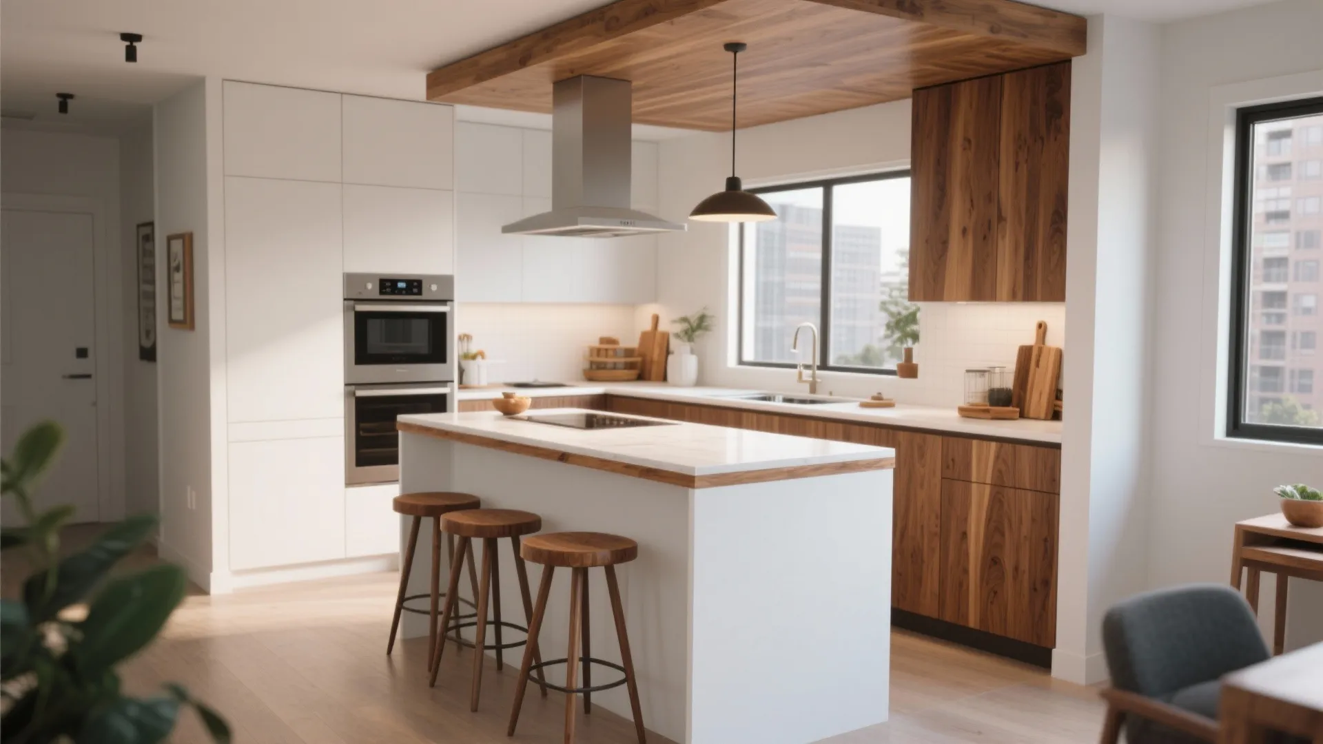 Modern kitchen with white island wooden cabinets black light fixture and three round wooden stools