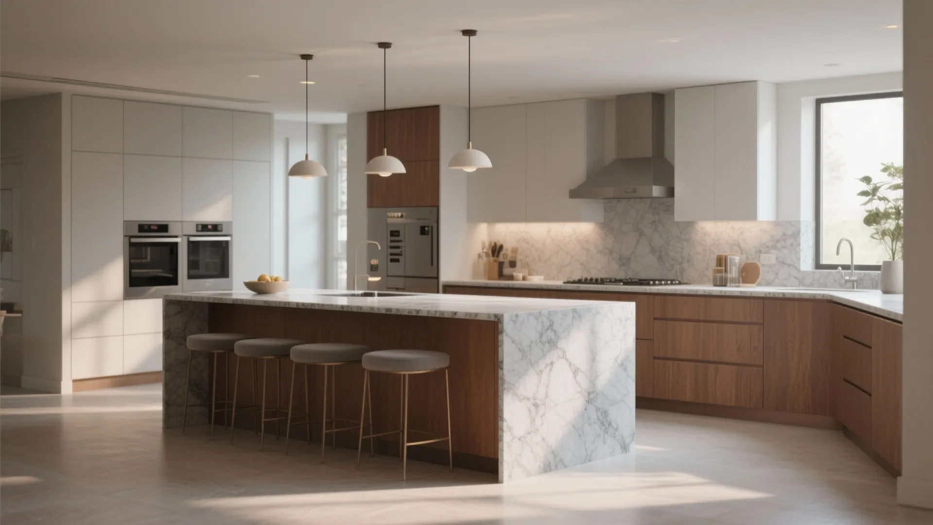 4. Two-Tone Island: Warm Brown Base + Grey Quartz Top