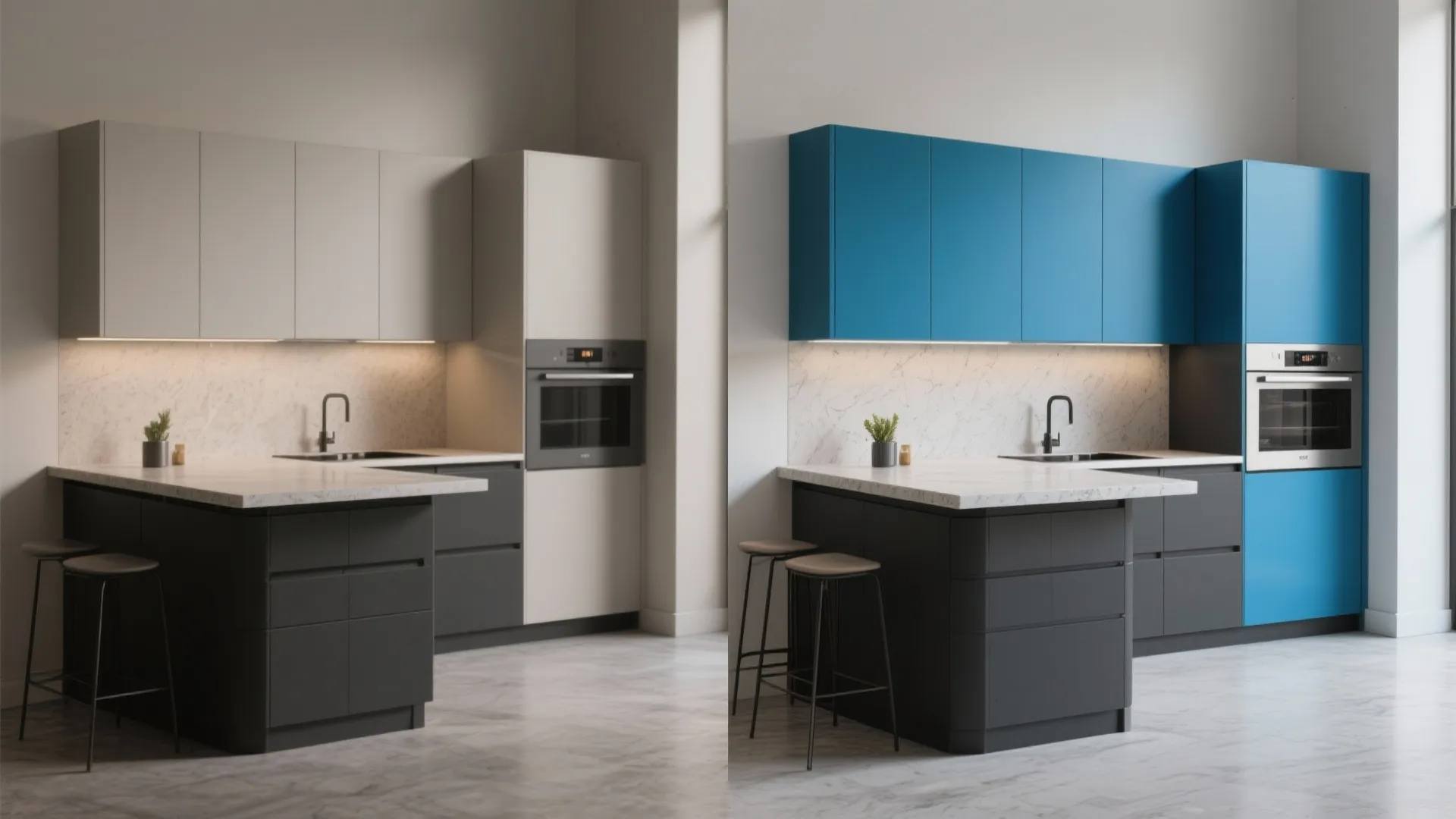 3. Two-tone island: charcoal base + bright blue panel