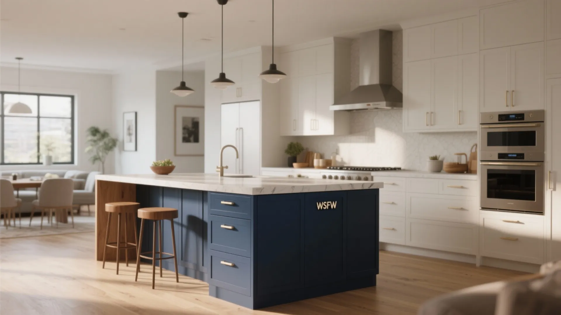 Open-plan kitchen with navy island pulls contrasting neutral perimeter hardware to create zoning.