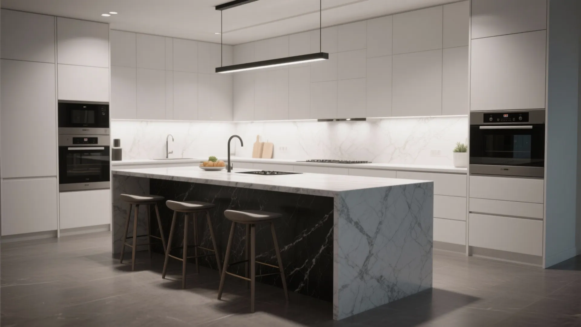 Kitchen with white cabinets and a dark charcoal quartz island, centered layout