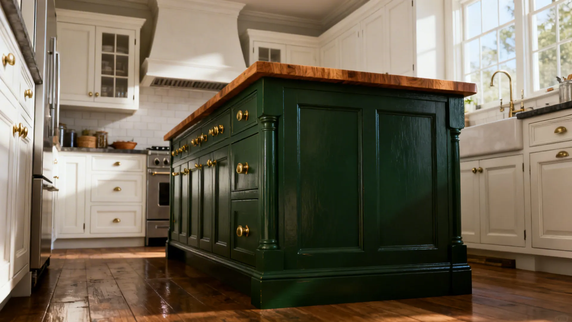 Two-tone kitchen with antique white cabinets and a deep forest-green island with brass hardware