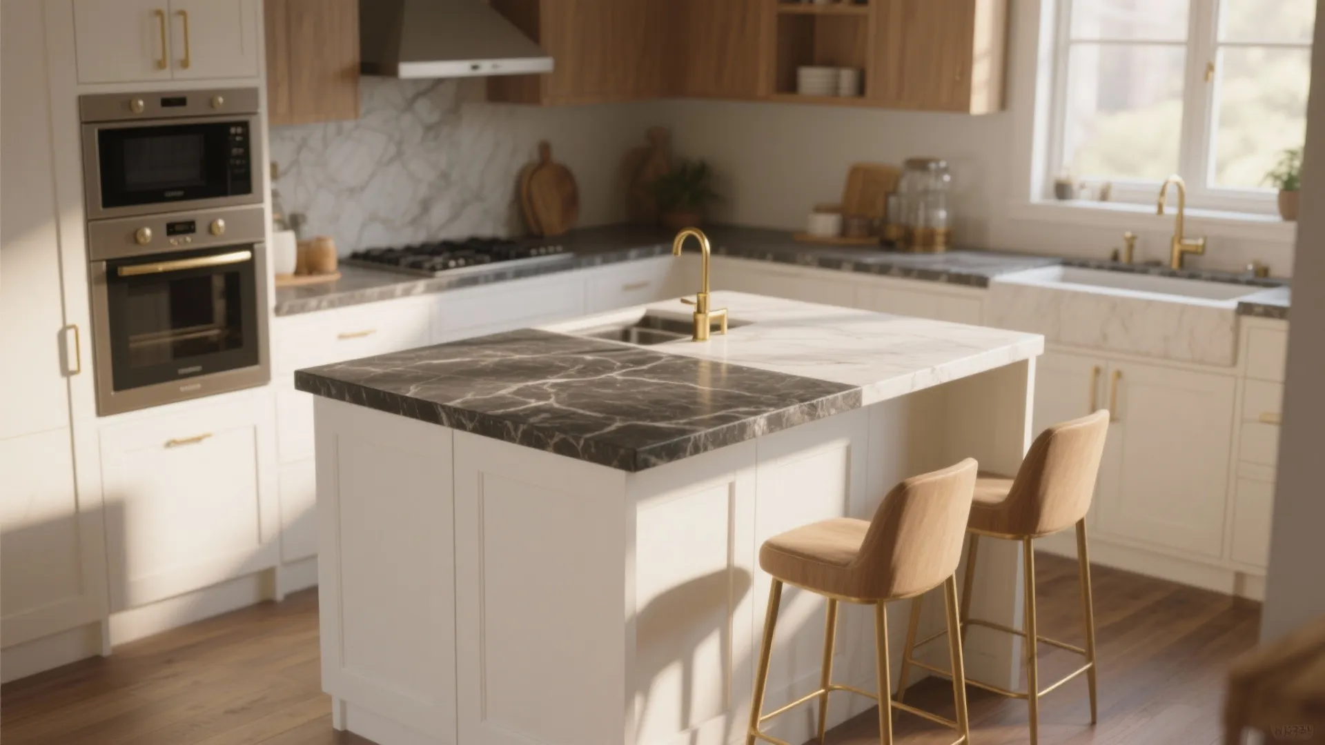 5. Two-tone island: white base, gold hardware, darker countertop