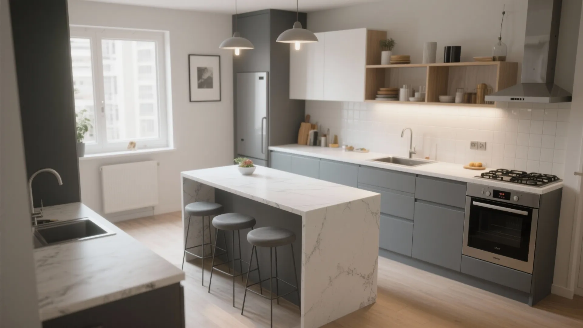 Modern kitchen with grey cabinets white marble island three bar stools and two ceiling lights